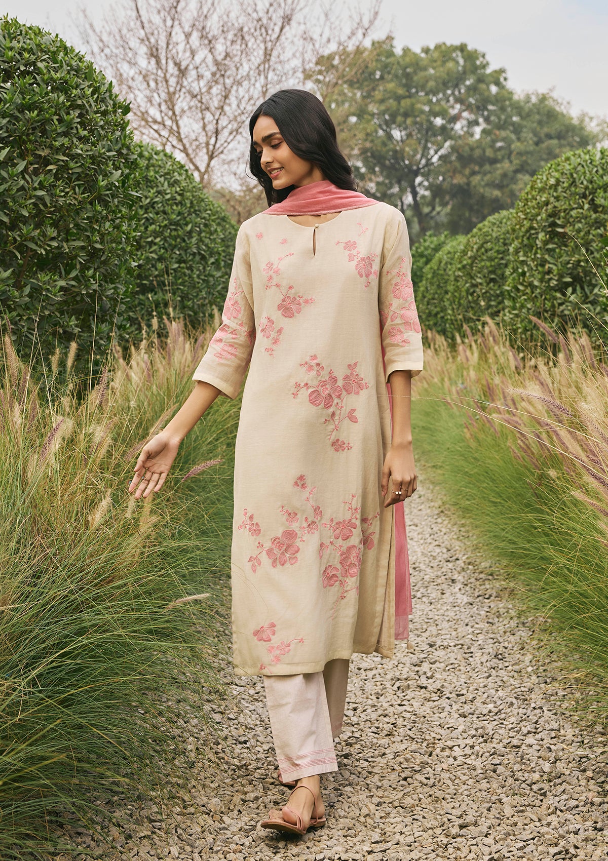 Ecru  Floral Applique Kurta Set