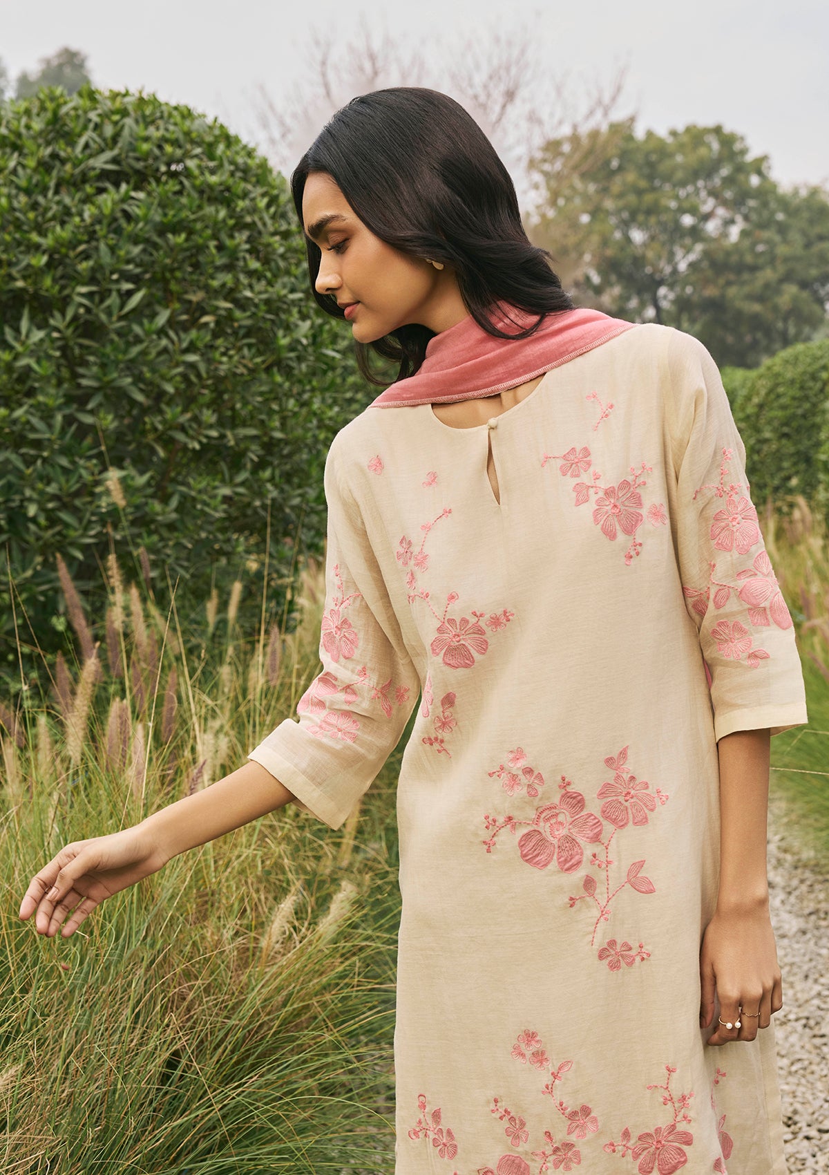 Ecru  Floral Applique Kurta Set
