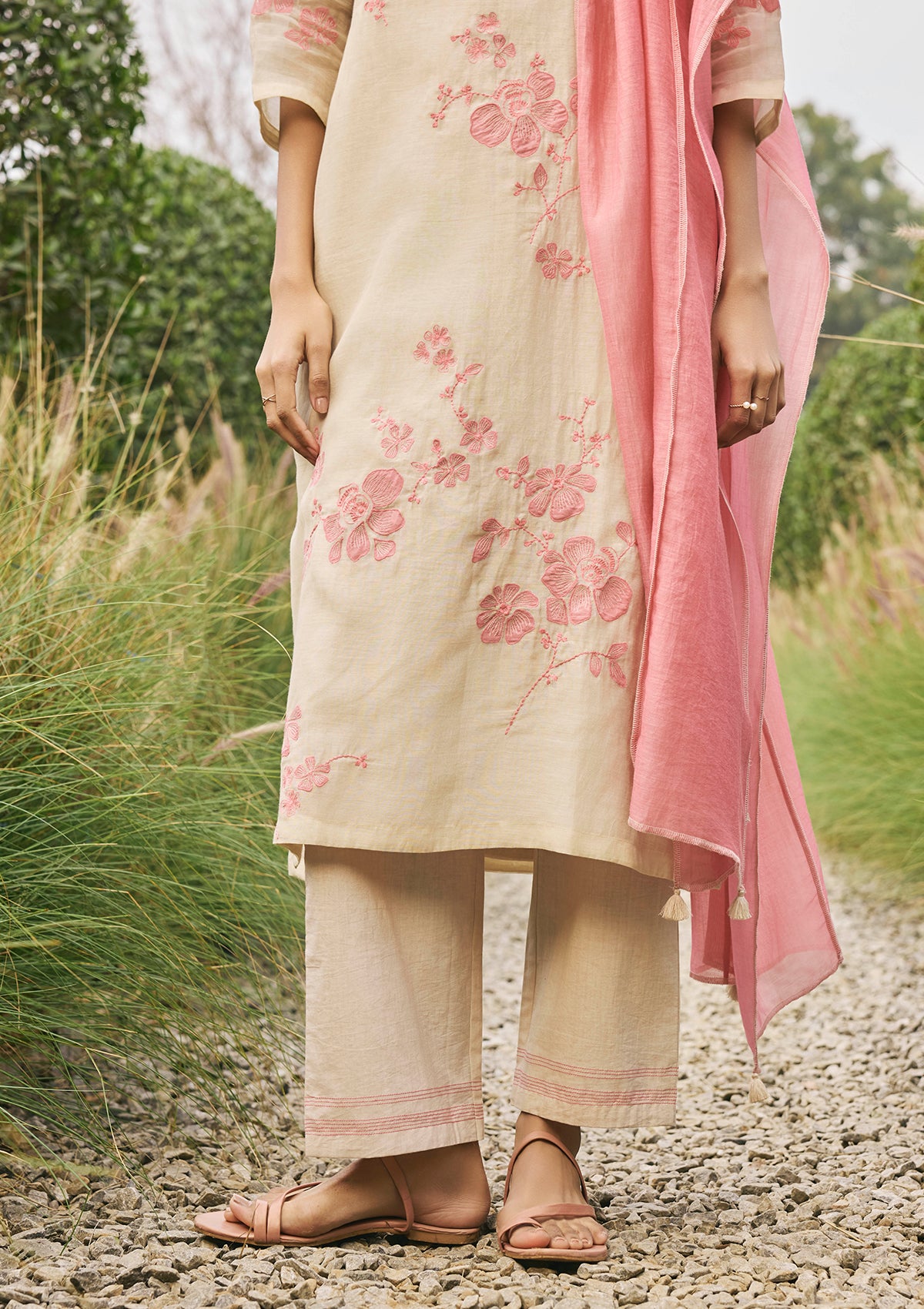 Ecru  Floral Applique Kurta Set