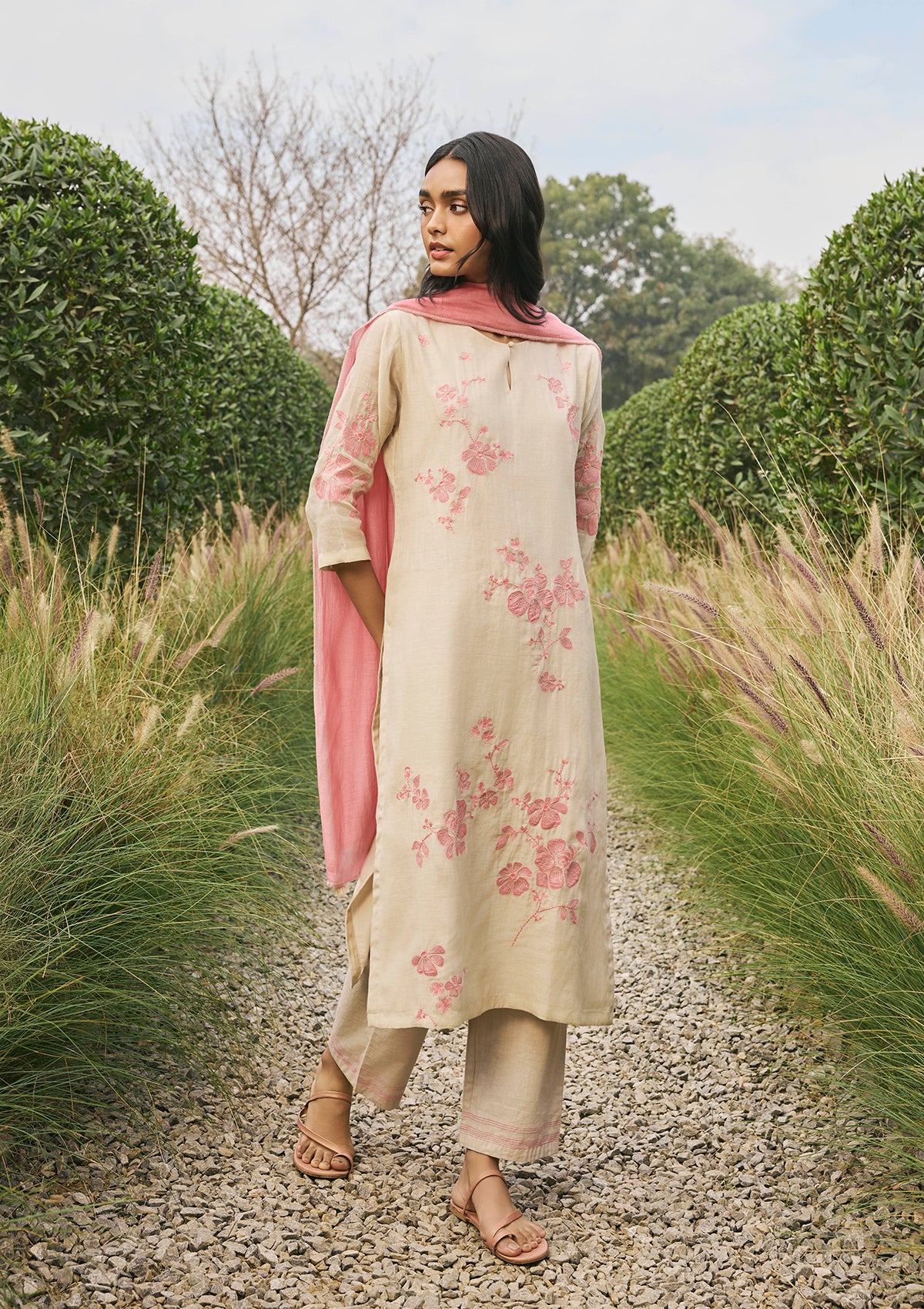 Ecru  Floral Applique Kurta Set