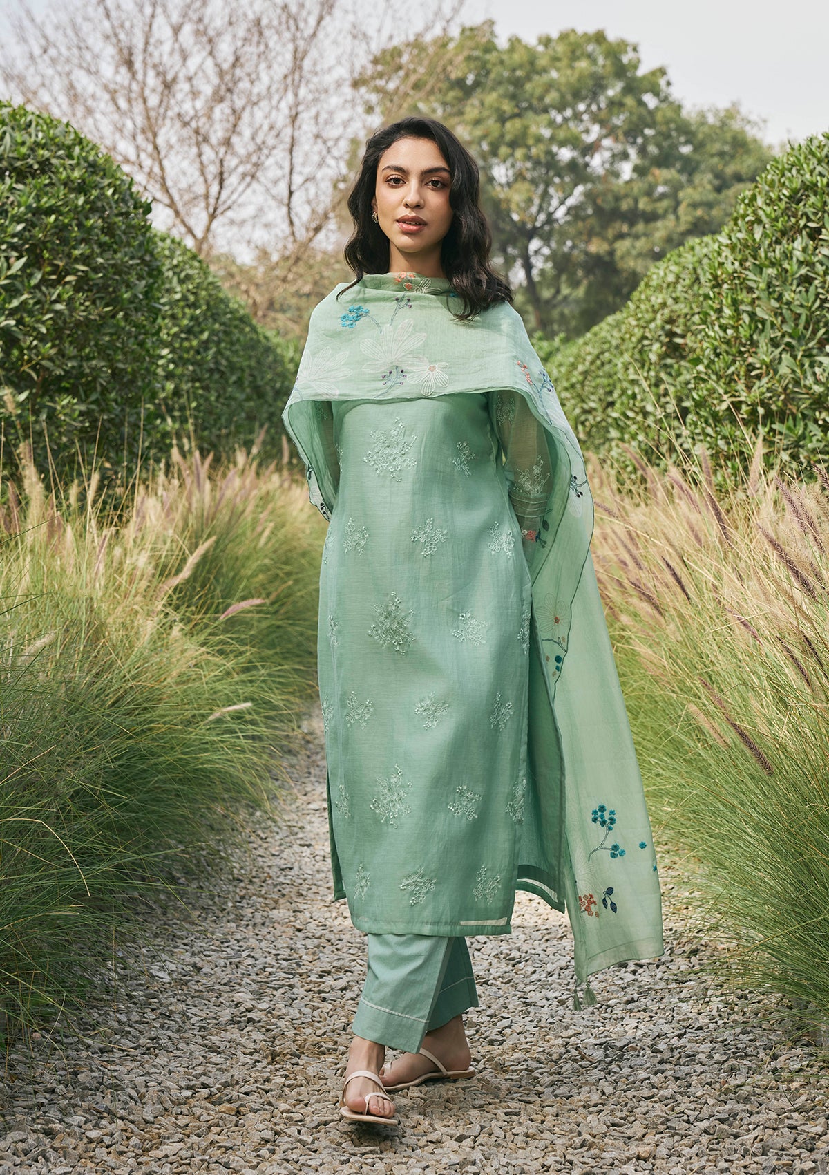 Sage Mint Floral Embroidered Kurta Set