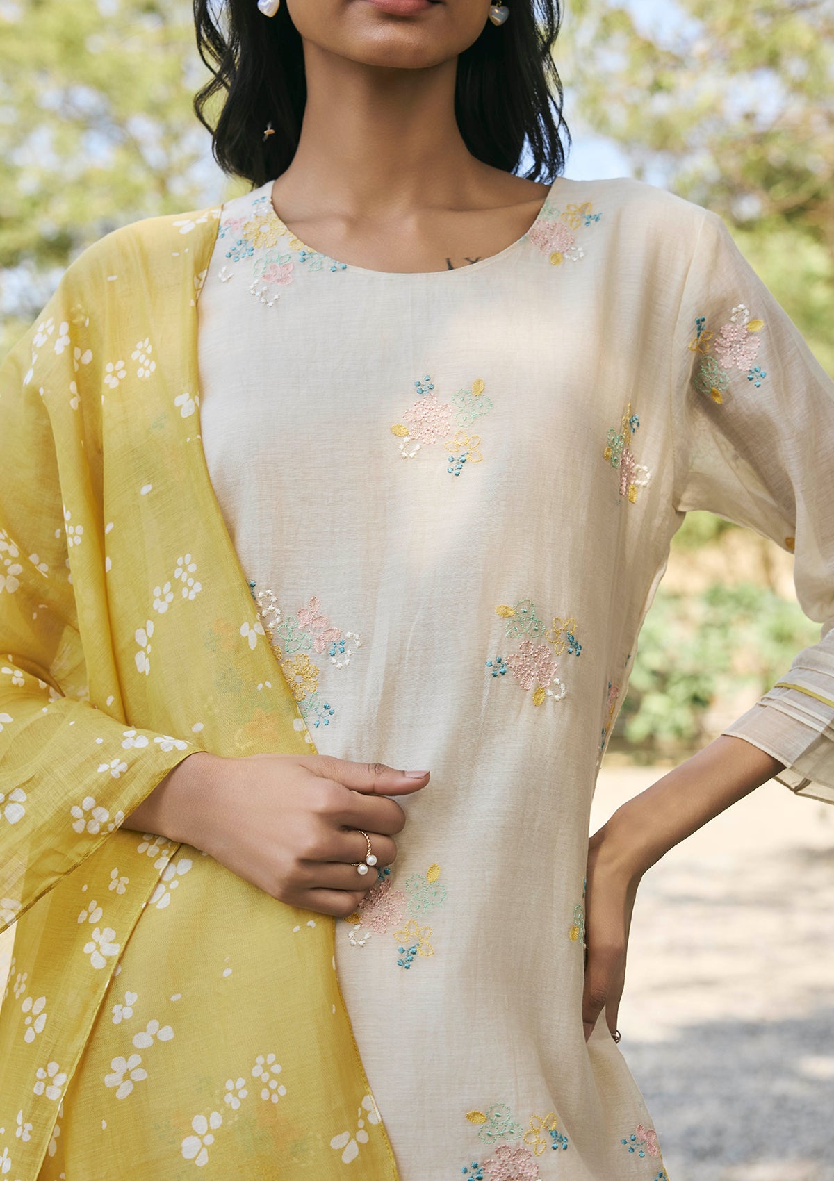 Ecru Embroidered Kurta Set