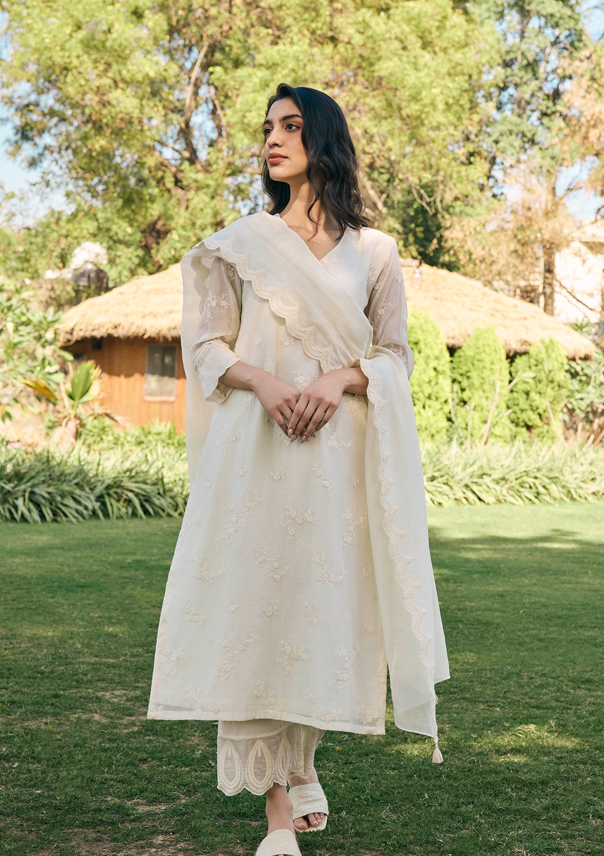 Ecru Thread Embroidered Kurta Set