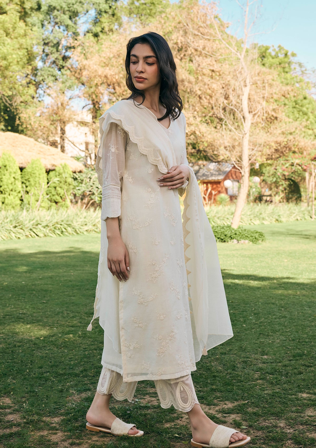 Ecru Thread Embroidered Kurta Set