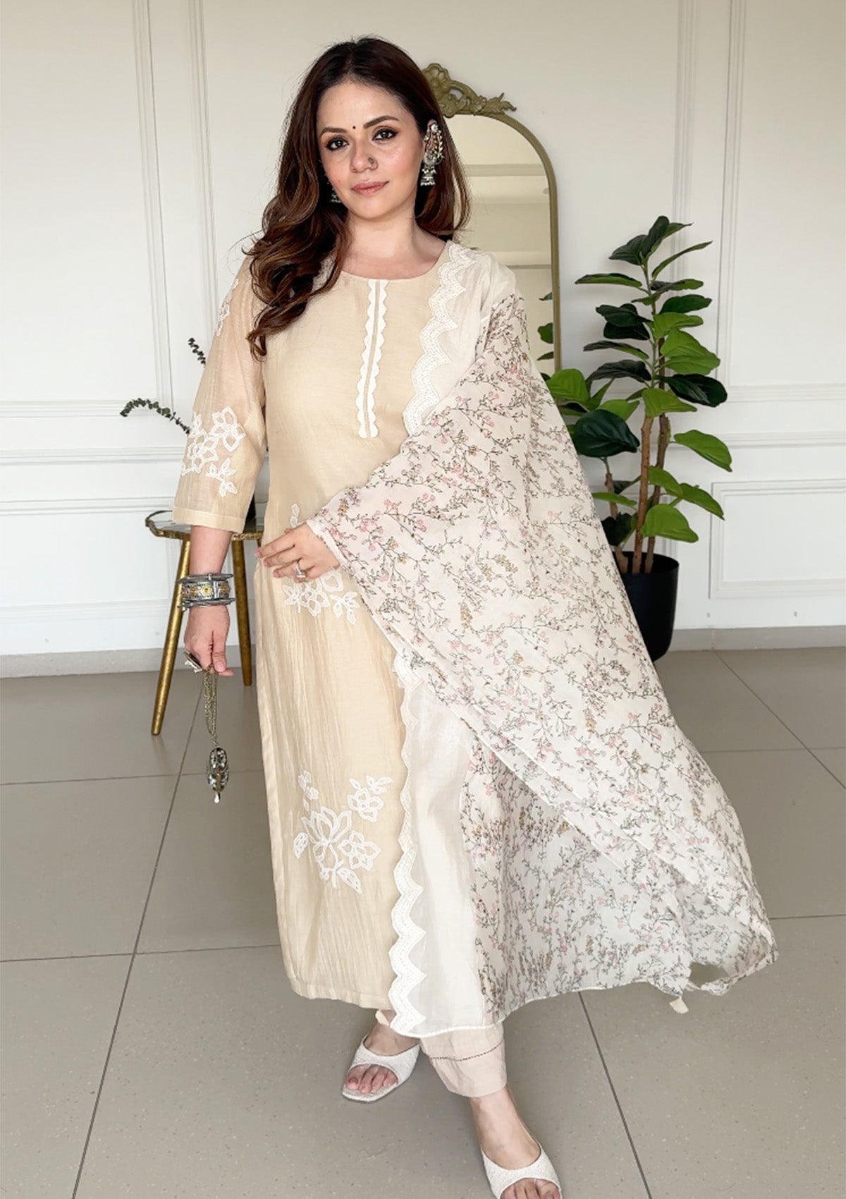 Ecru Floral Kurta Set