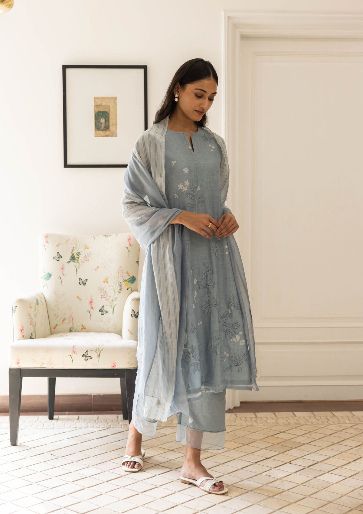 Powder Blue Floral Kurta Set