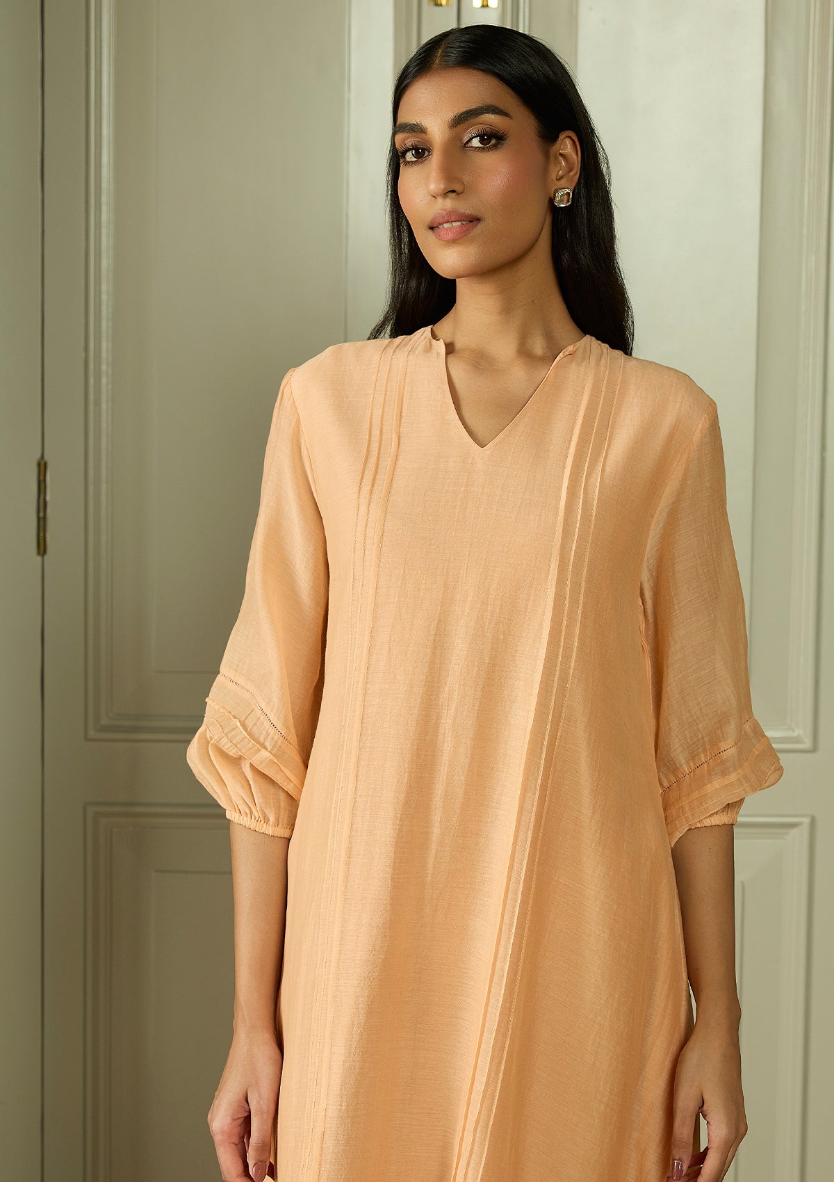 Peach Pintuck Applique Dress