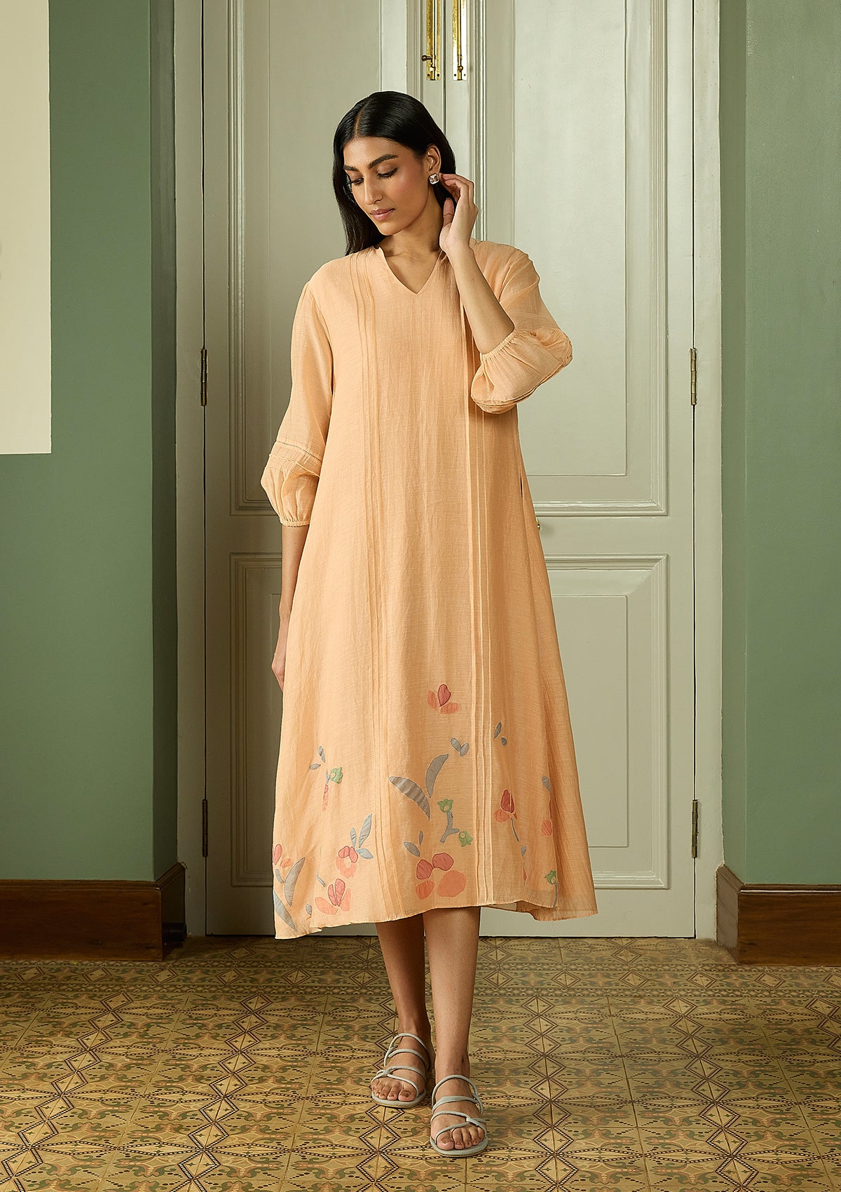 Peach Pintuck Applique Dress