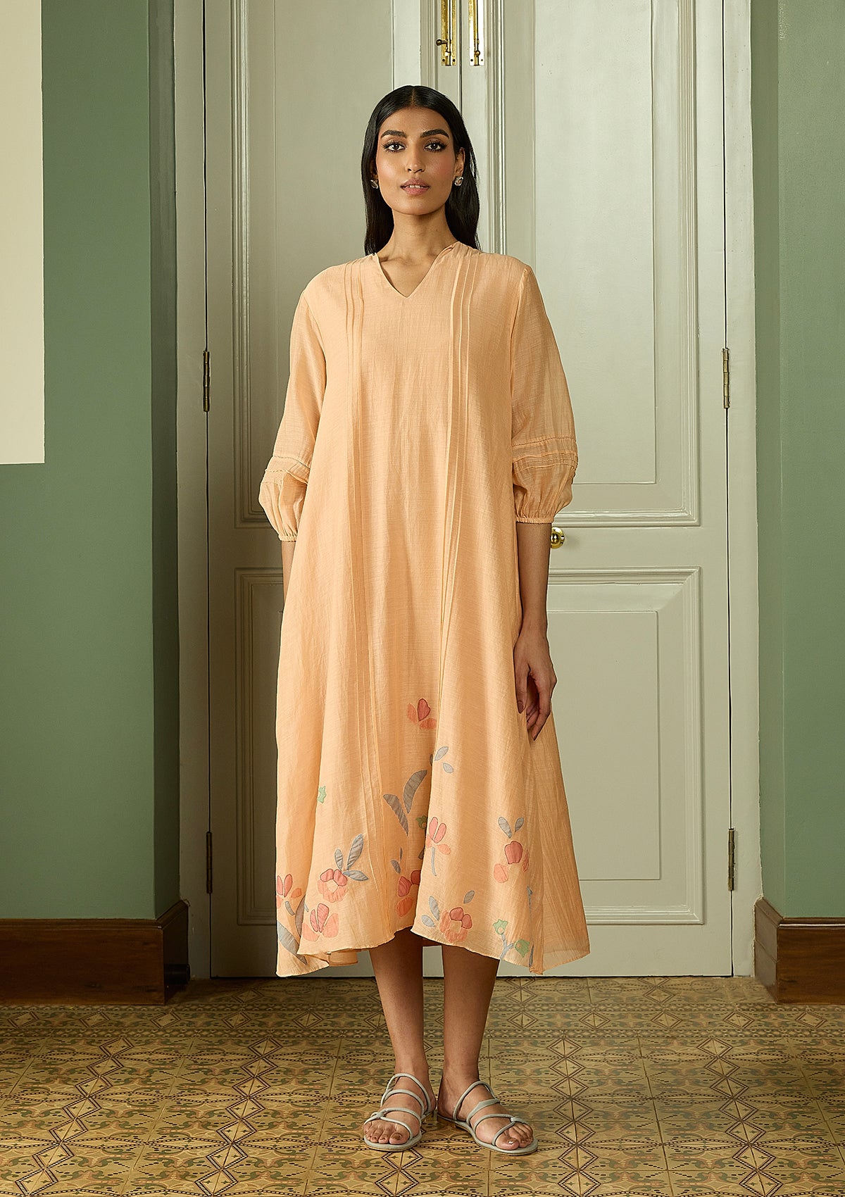 Peach Pintuck Applique Dress