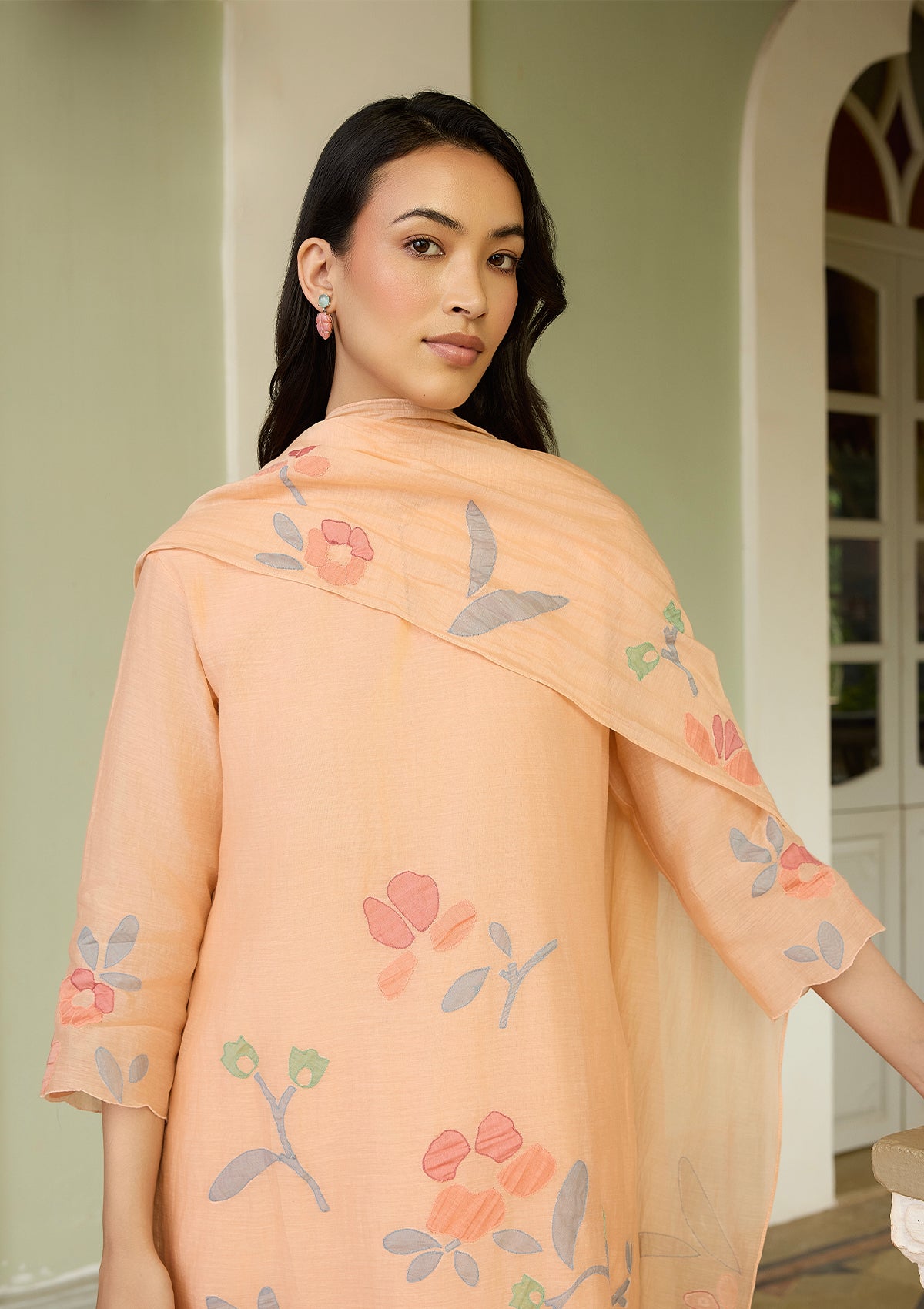 Peach Applique Floral Kurta Set