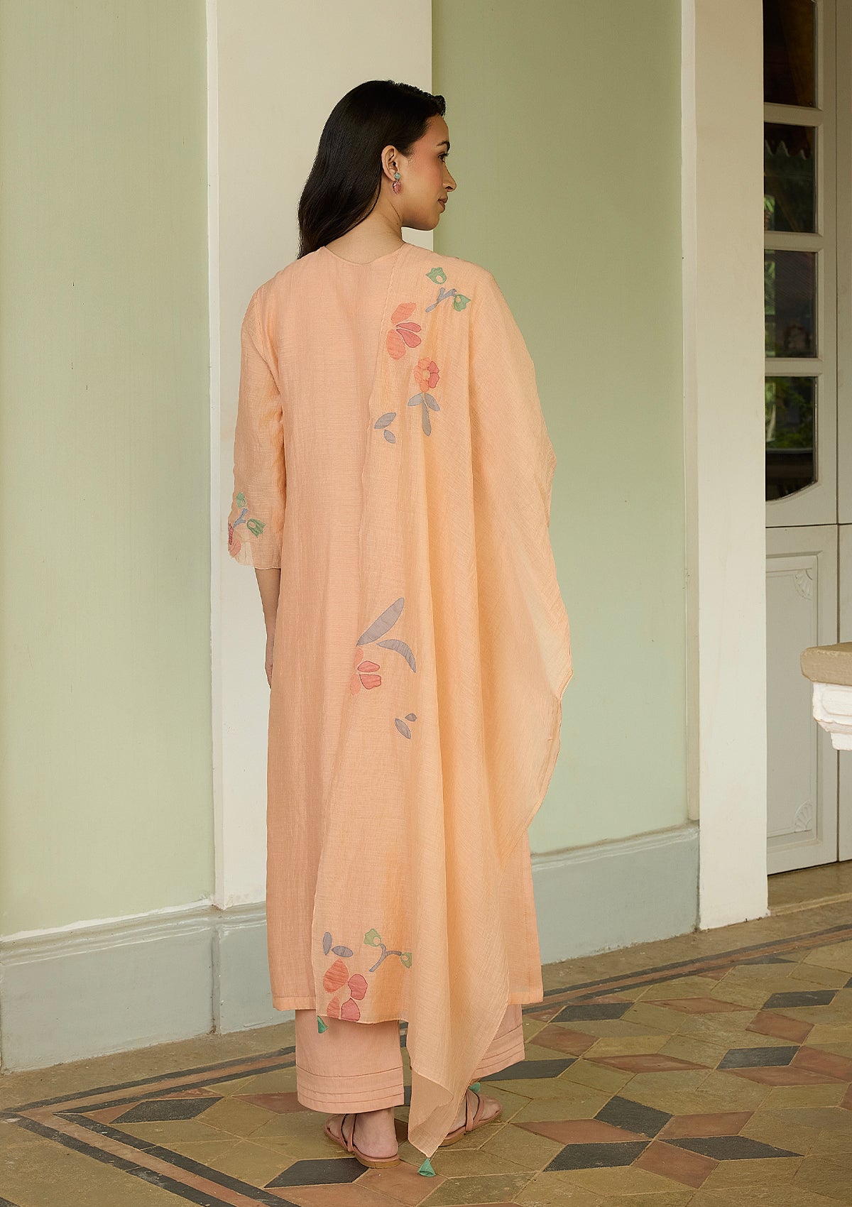 Peach Applique Floral Kurta Set
