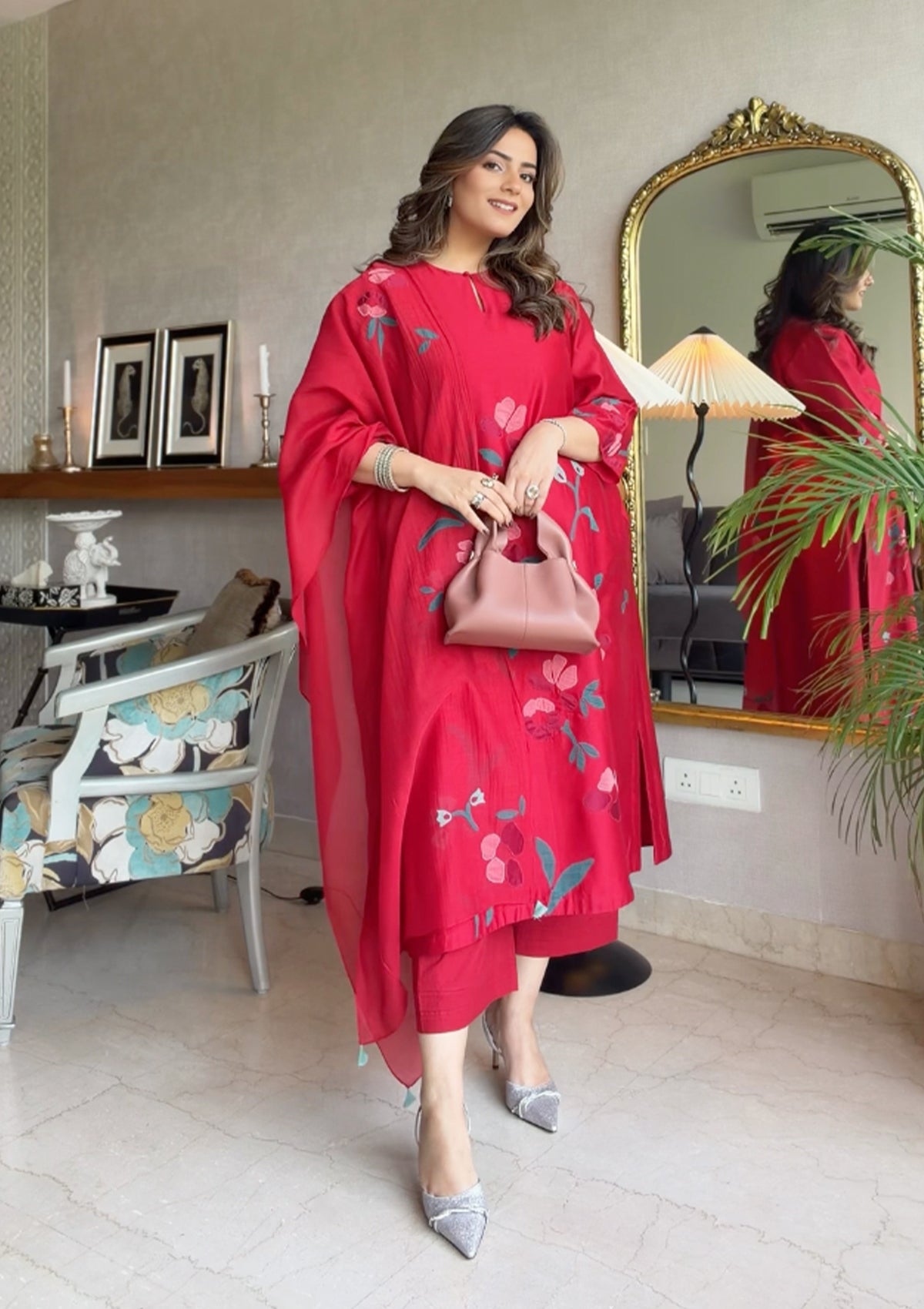 Cherry Red Applique Kurta Set