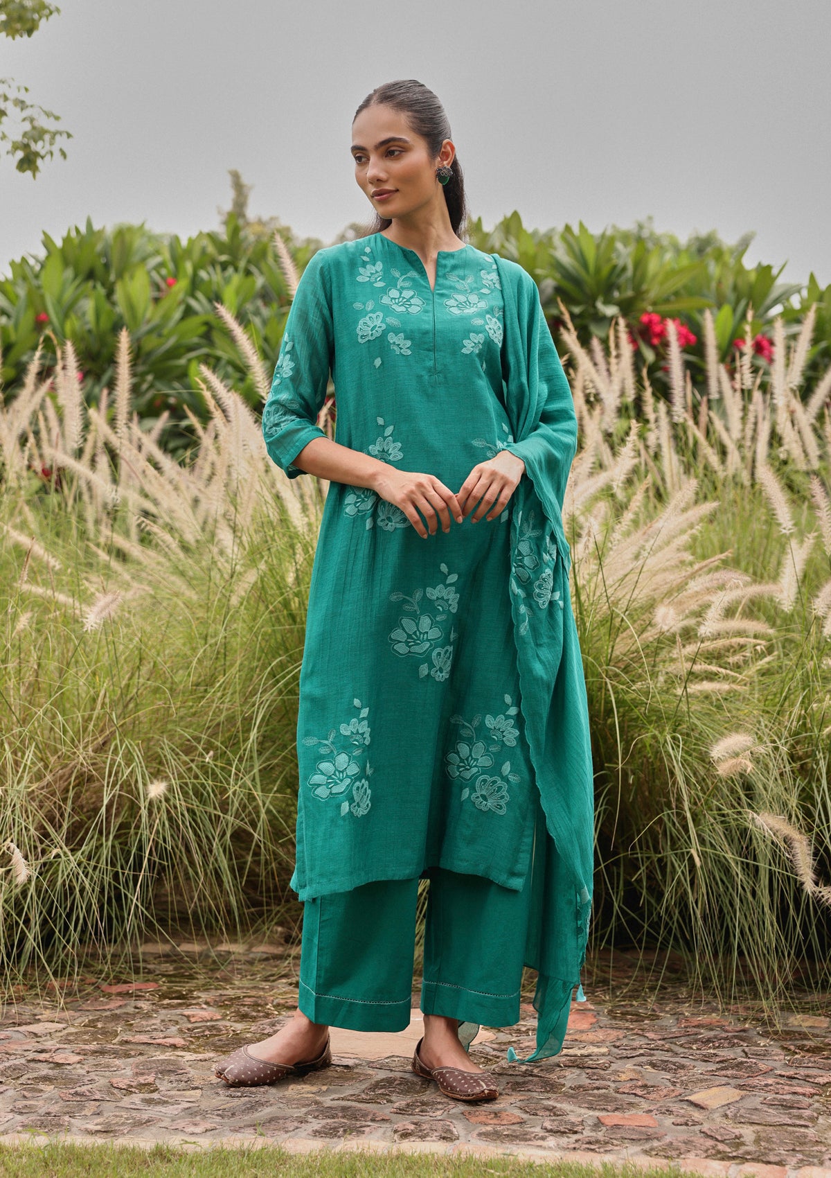 Teal Applique Embroidered Kurta Set
