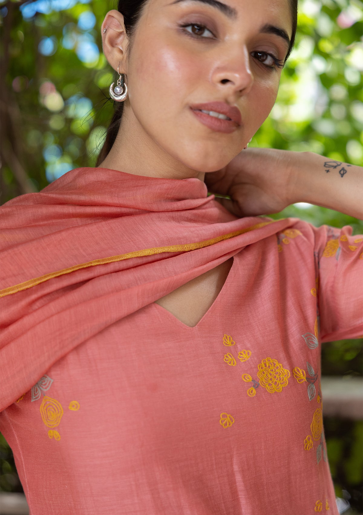 APRICOT THREAD WORK KURTA SET