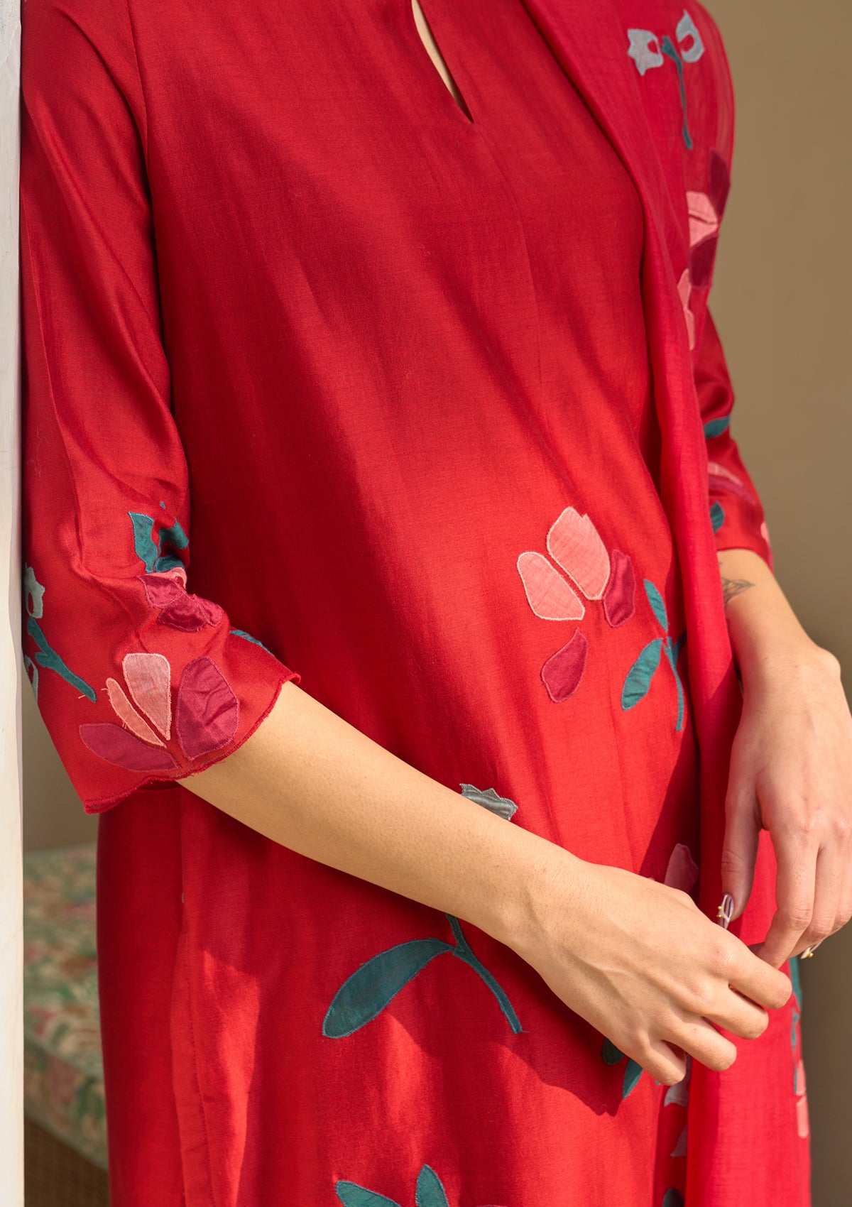 Cherry Red Applique Kurta Set