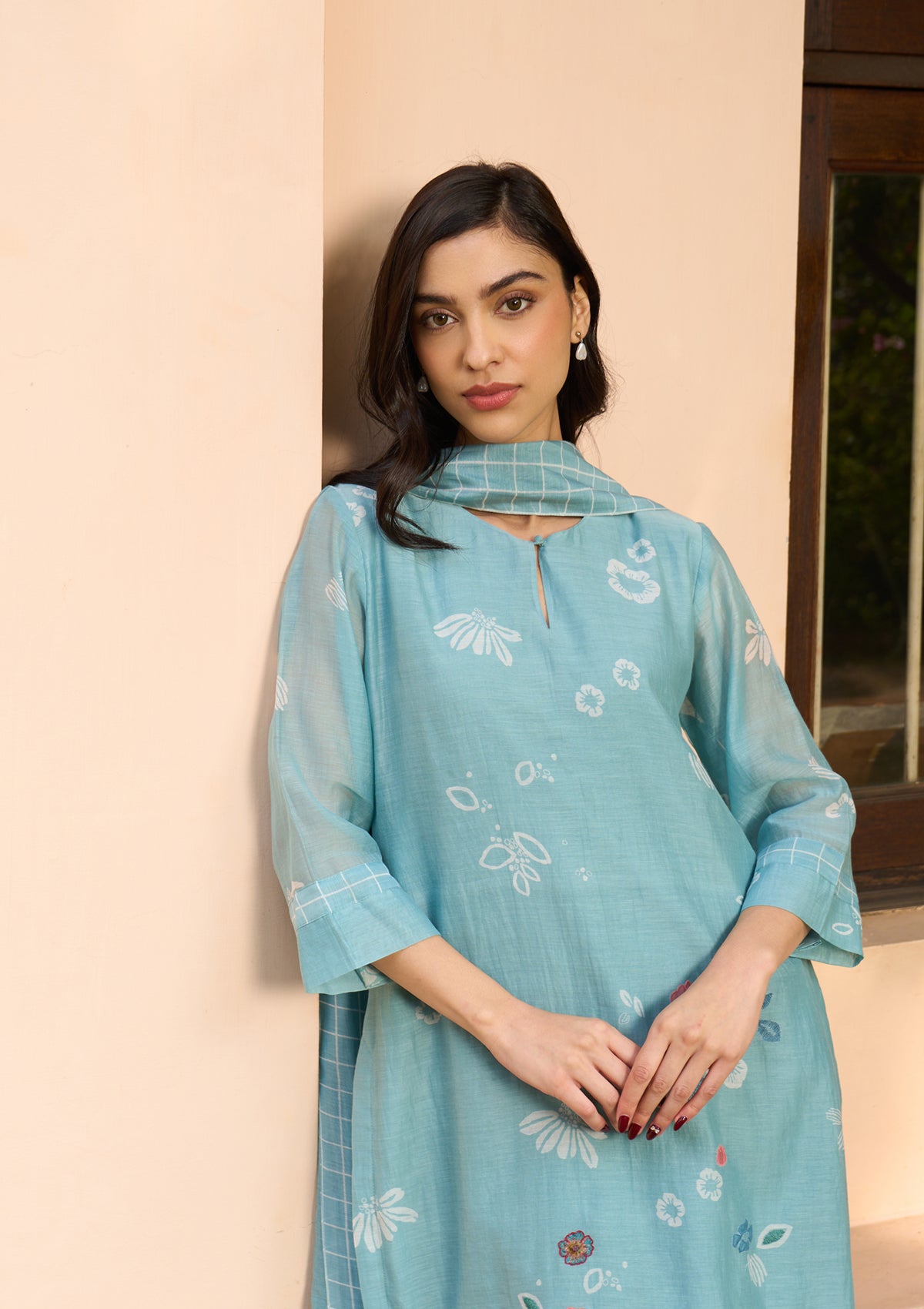 Powder Blue Floral Kurta Set