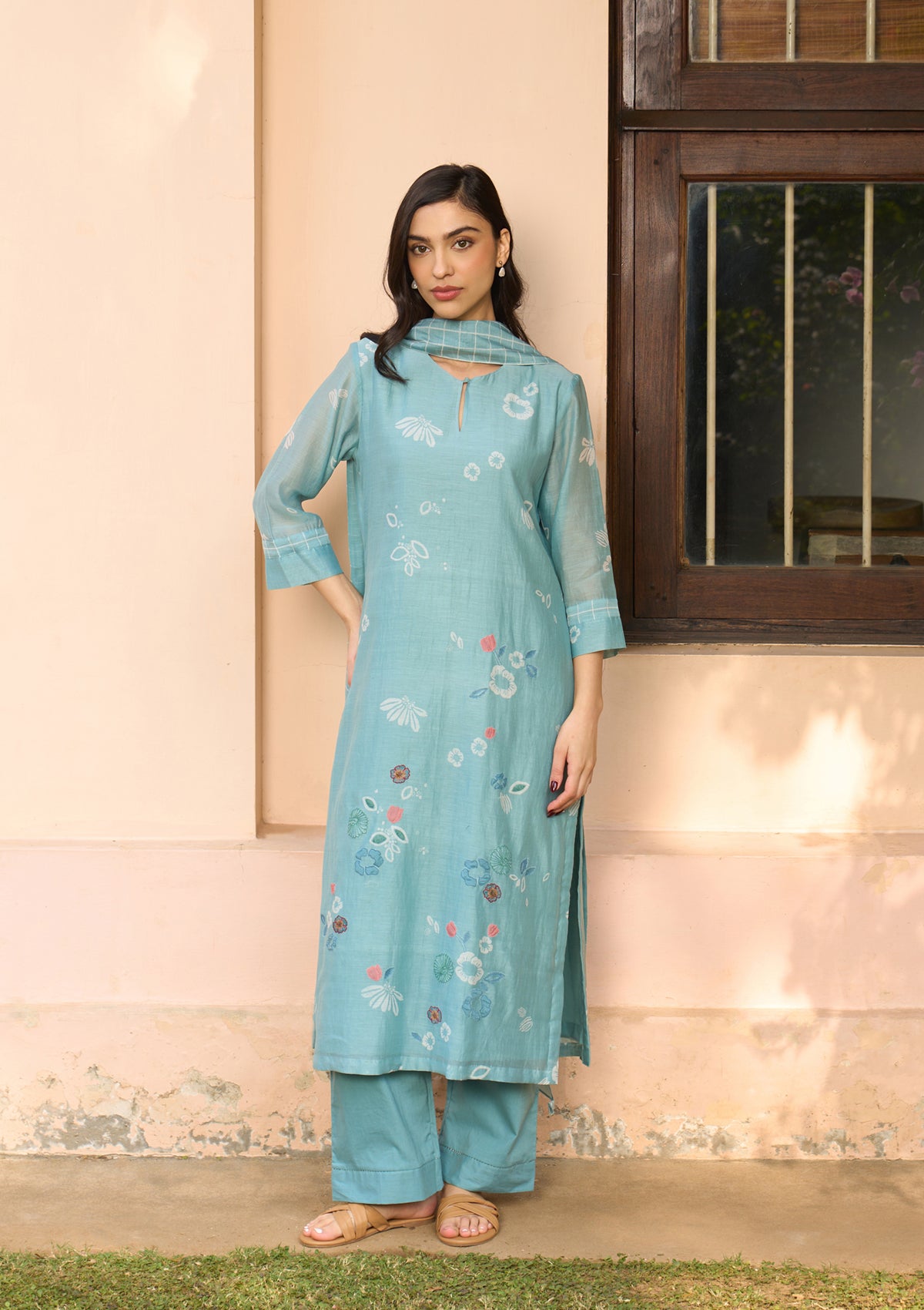 Powder Blue Floral Kurta Set