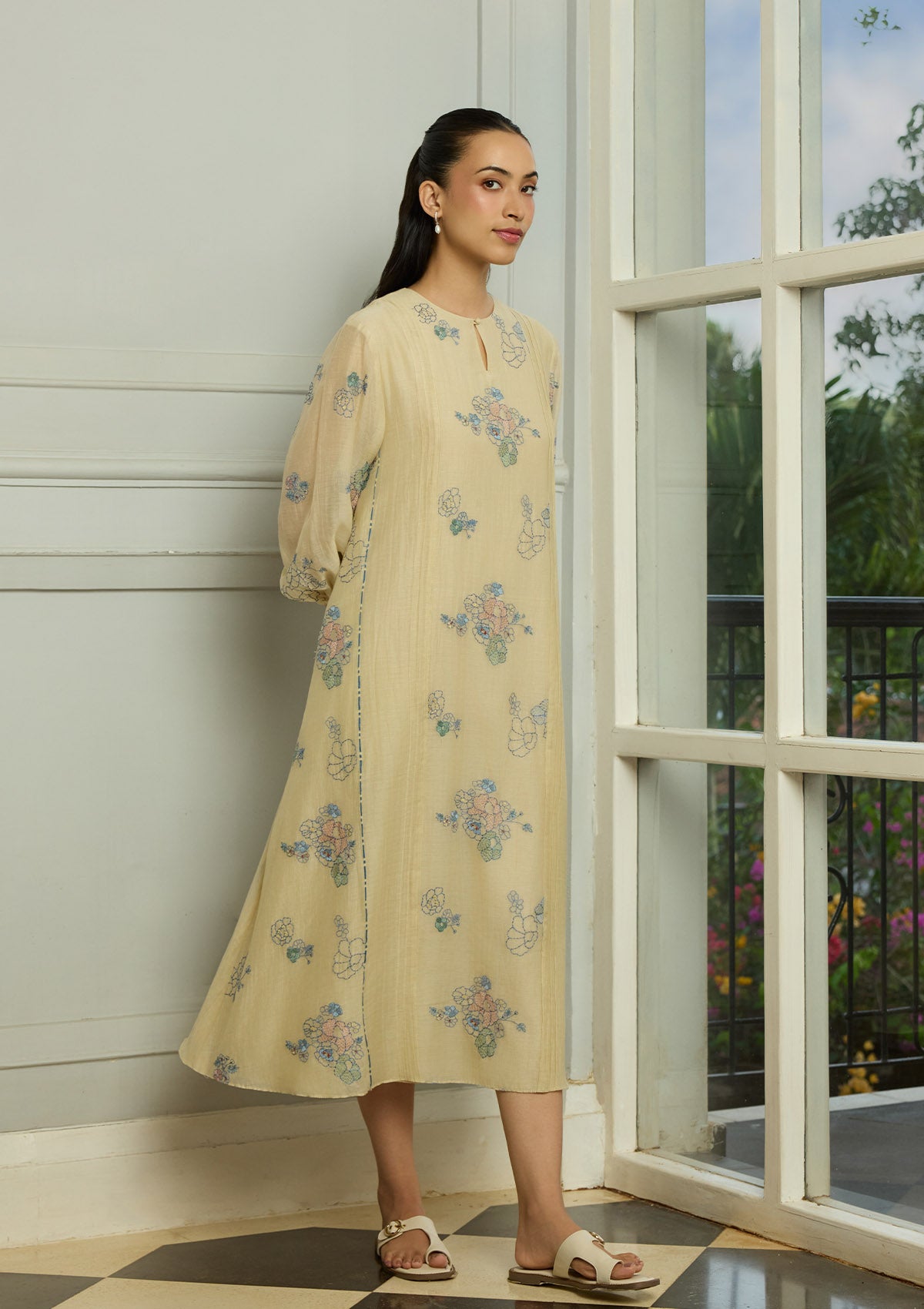 Ecru Thread Embroidered Dress