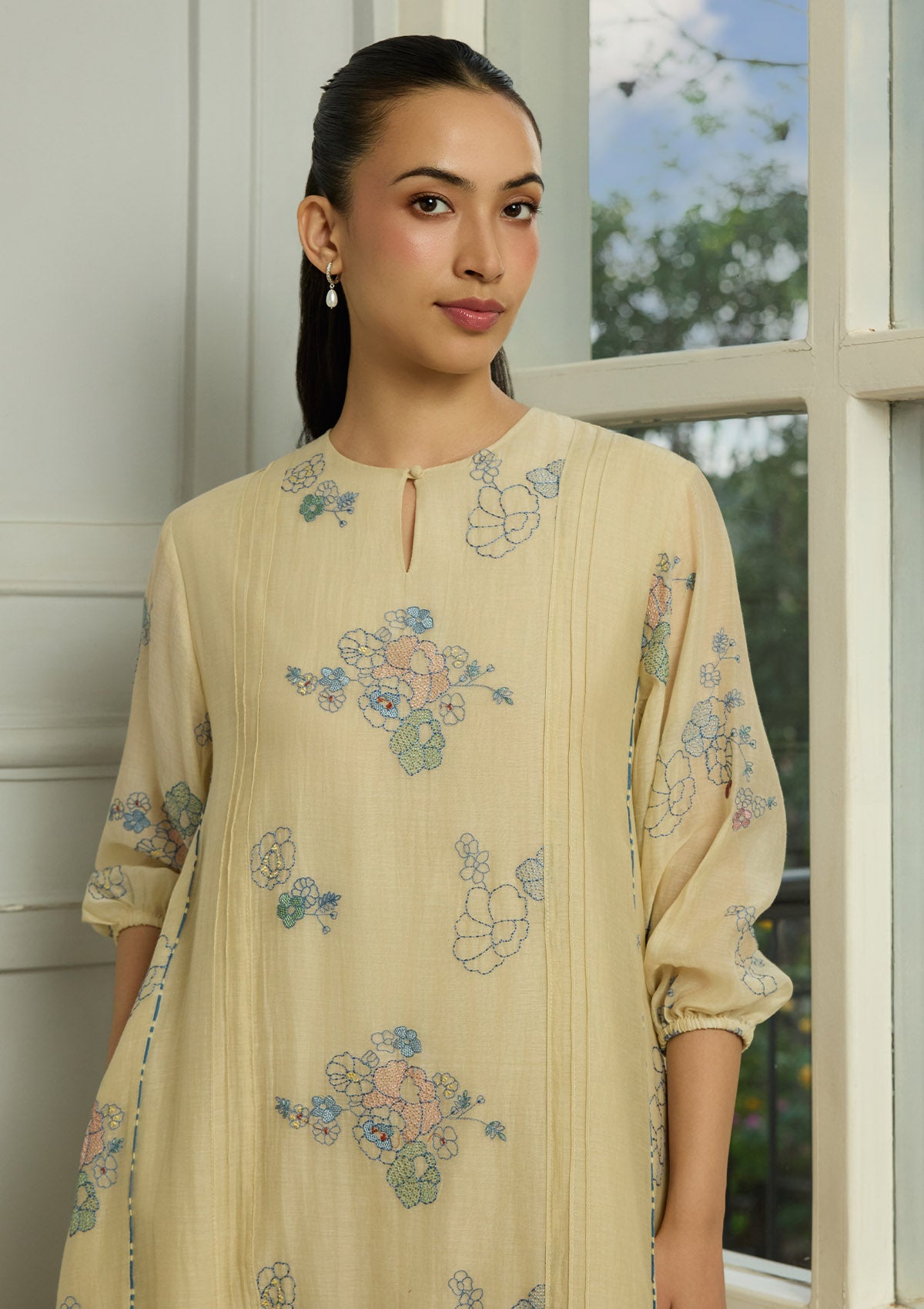 Ecru Thread Embroidered Dress