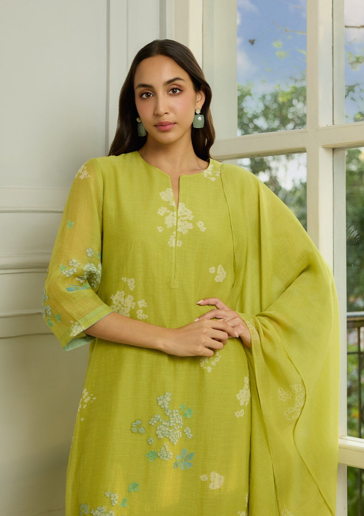 Lime Thread Embroidered Kurta Set