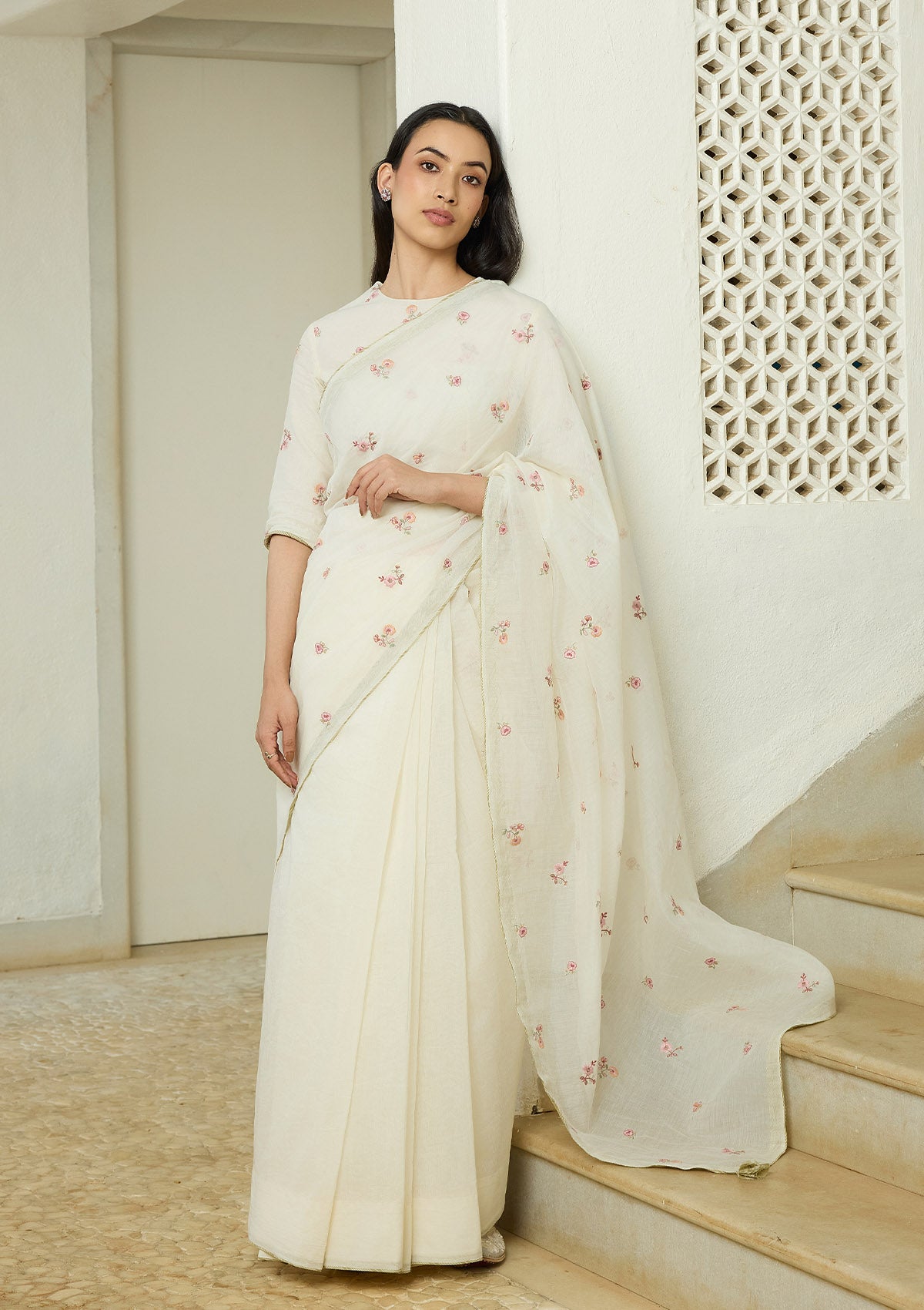 Ivory Embroidered Saree