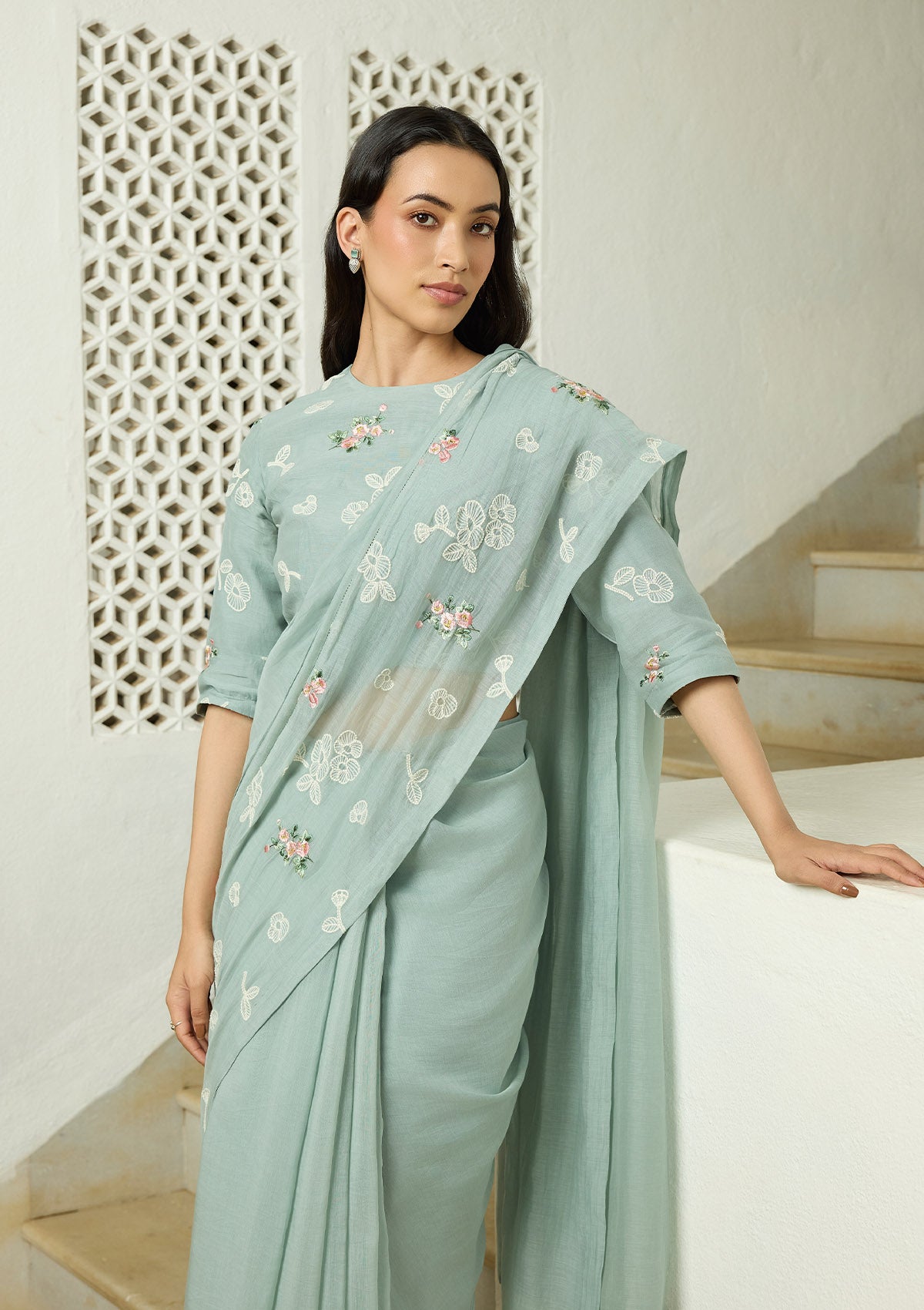 Sage Thread Embroidered Saree