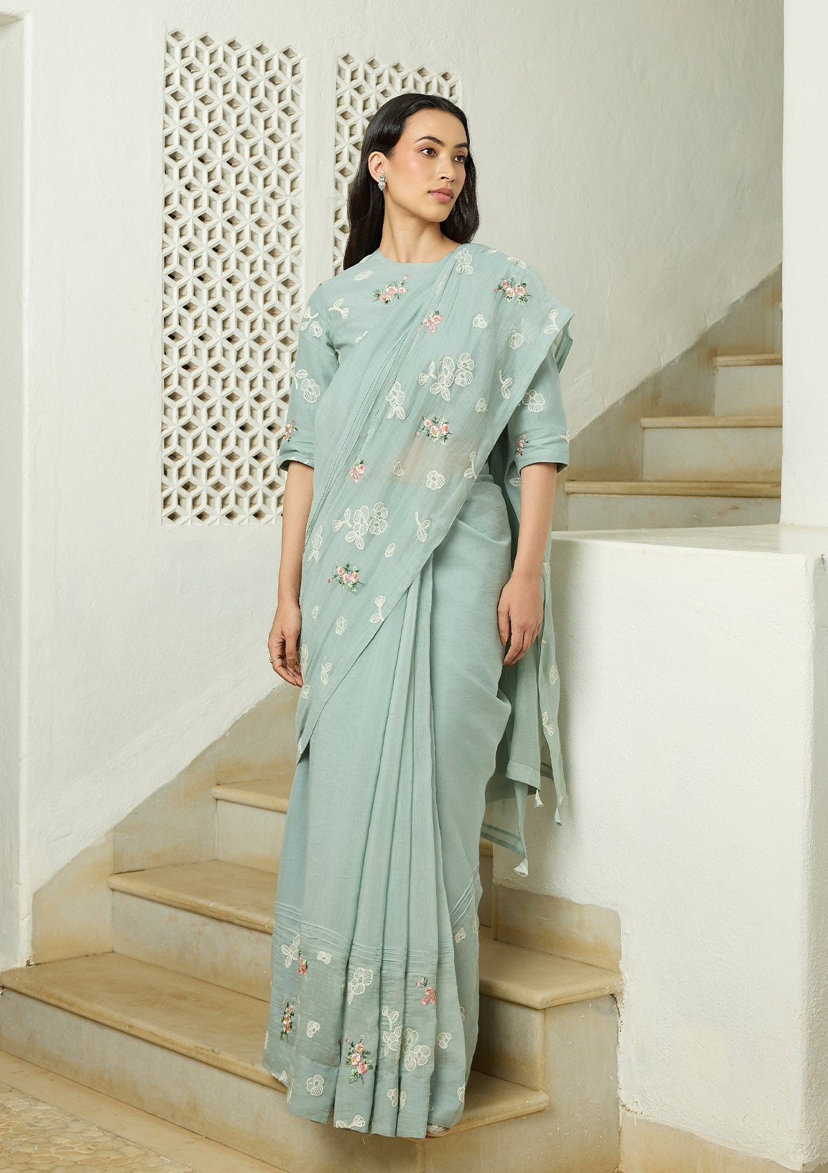 Sage Thread Embroidered Saree