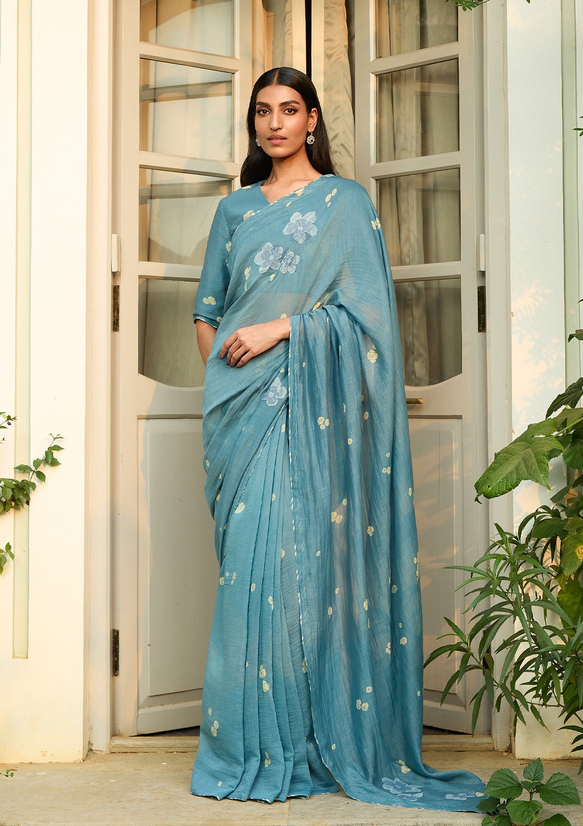 Ocean Blue Floral Saree