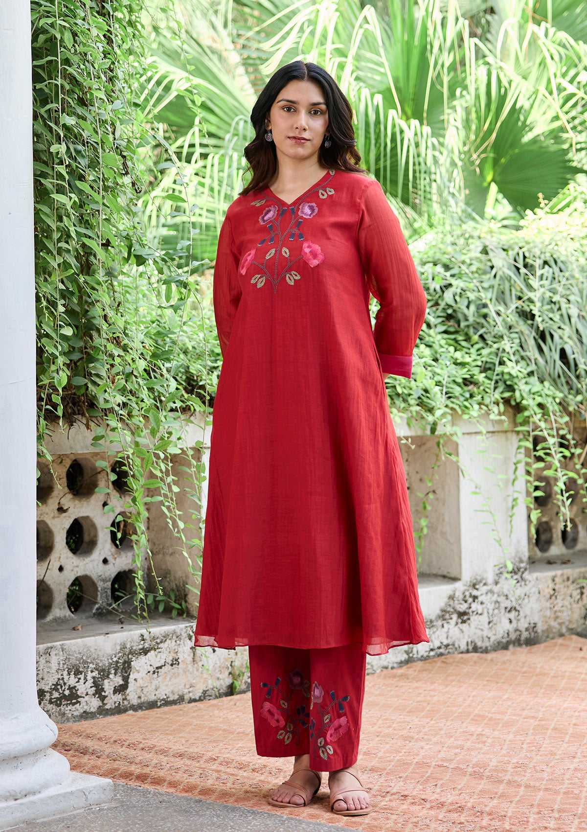 Crimson Floral Thread Embroidered Co-ord set