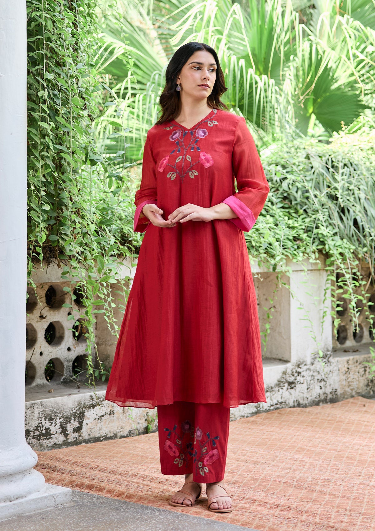 Crimson Floral Thread Embroidered Co-ord set