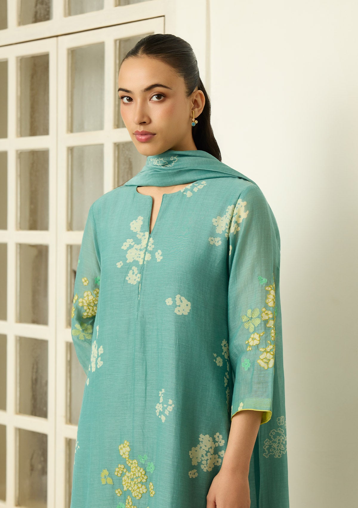 Aqua Floral Applique Kurta Set