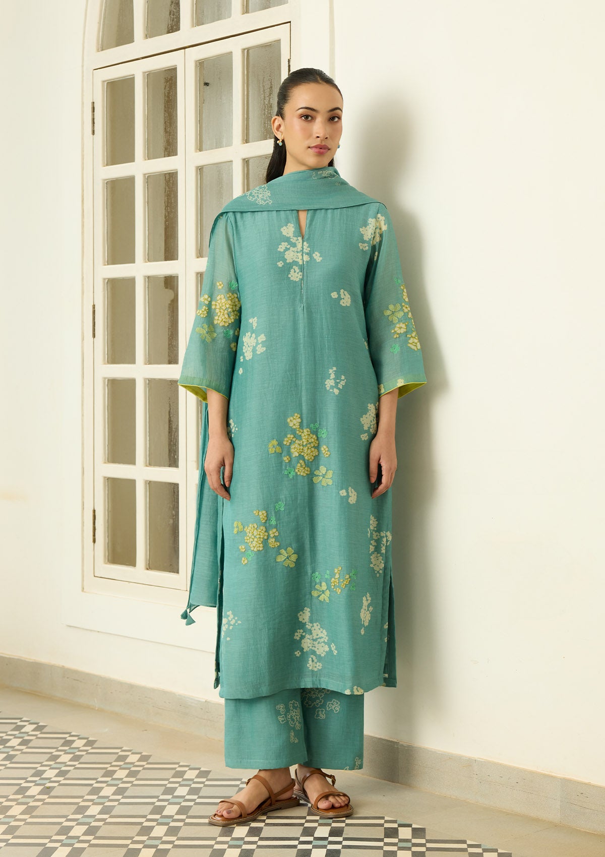 Aqua Floral Applique Kurta Set