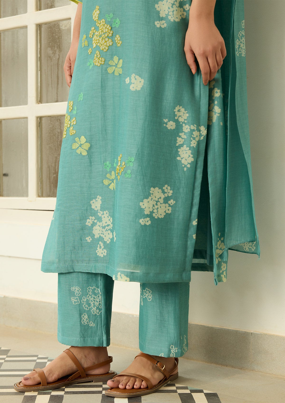 Aqua Floral Applique Kurta Set