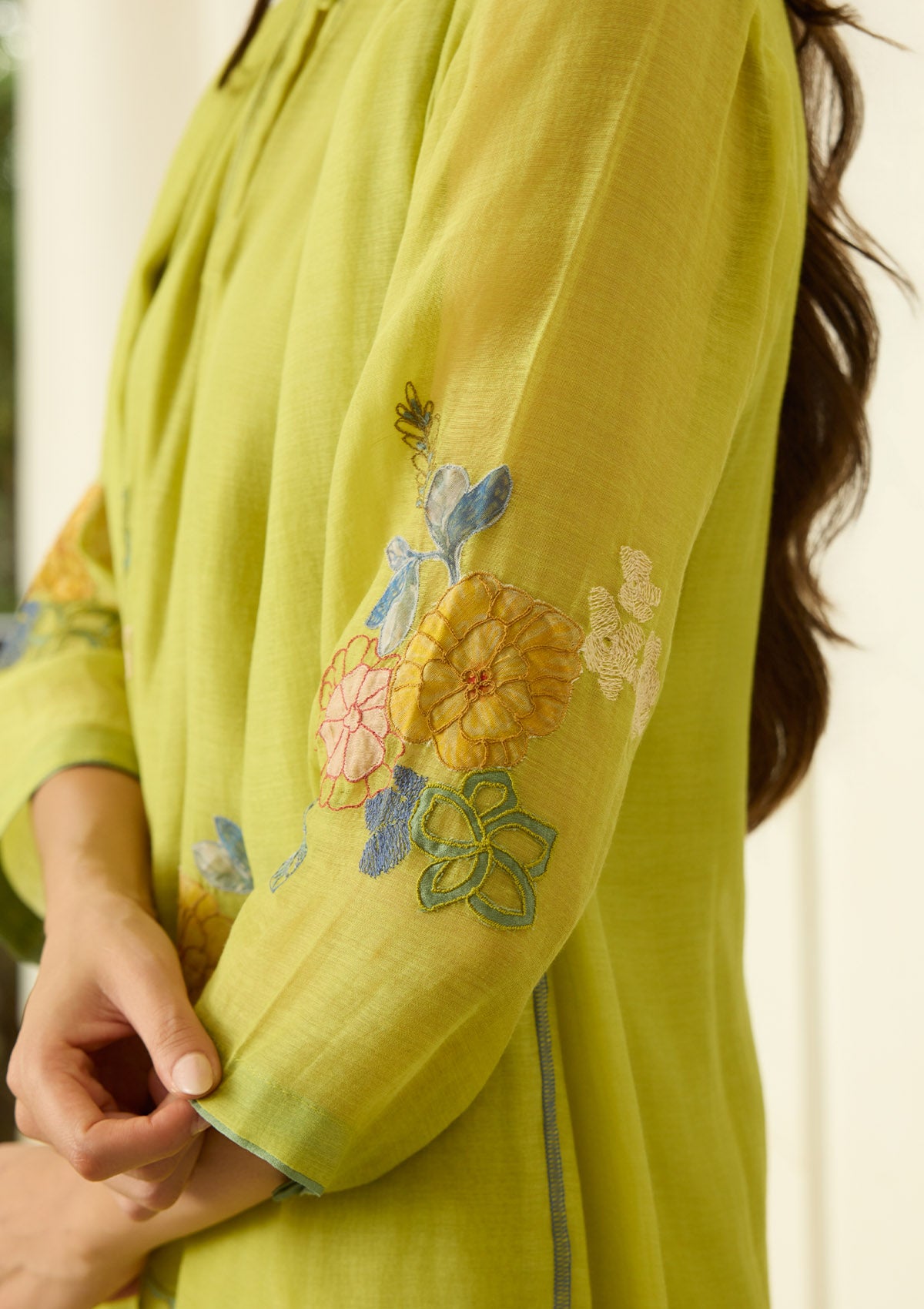 Lime Applique Floral Kurta Set