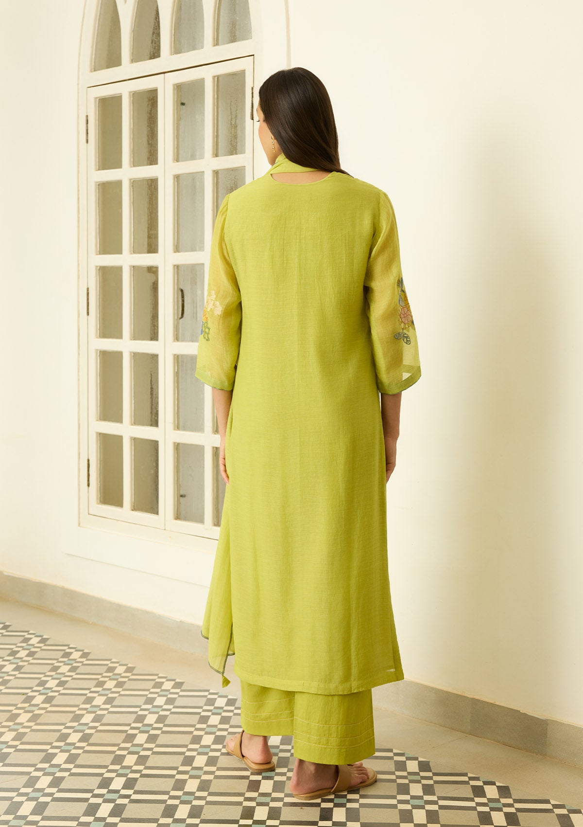Lime Applique Floral Kurta Set
