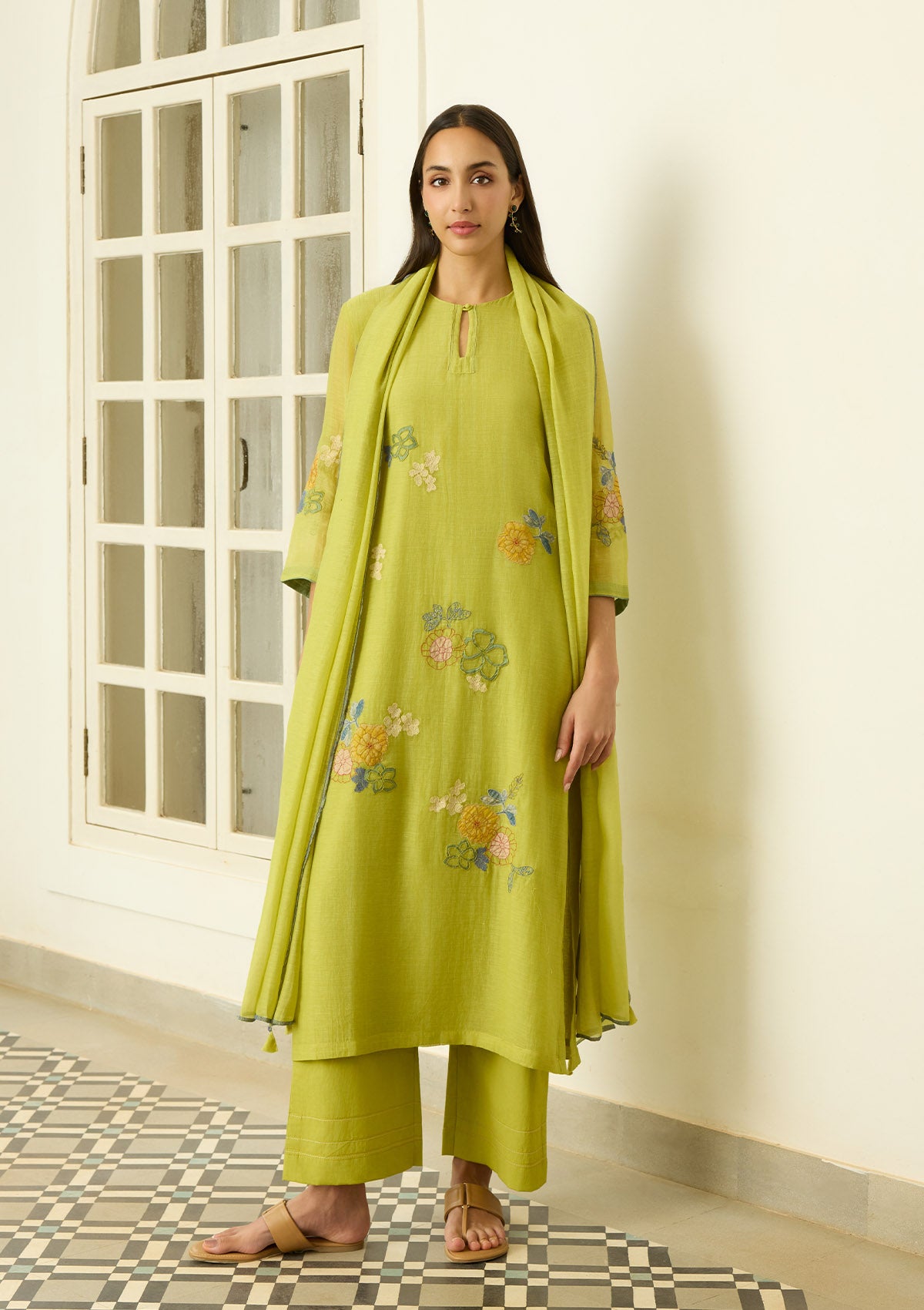 Lime Applique Floral Kurta Set
