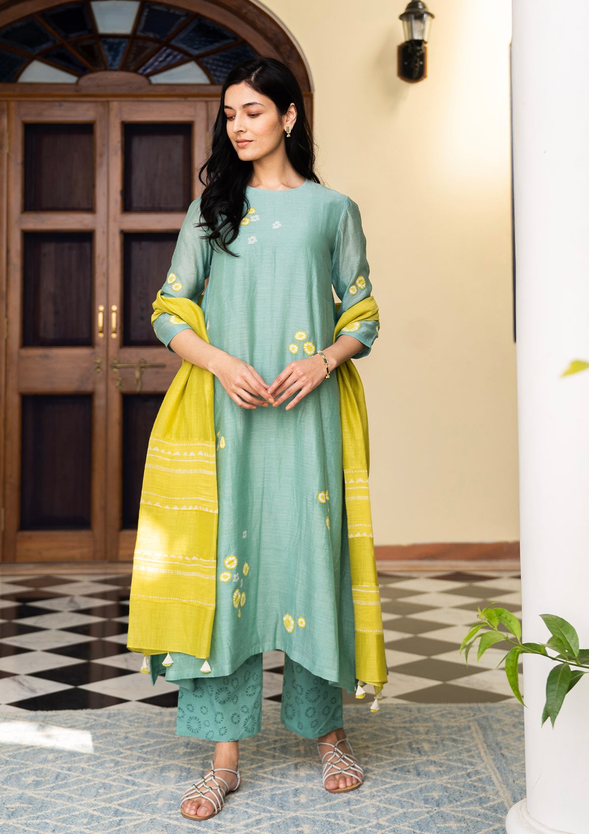 Aqua and Lime Applique Kurta Set