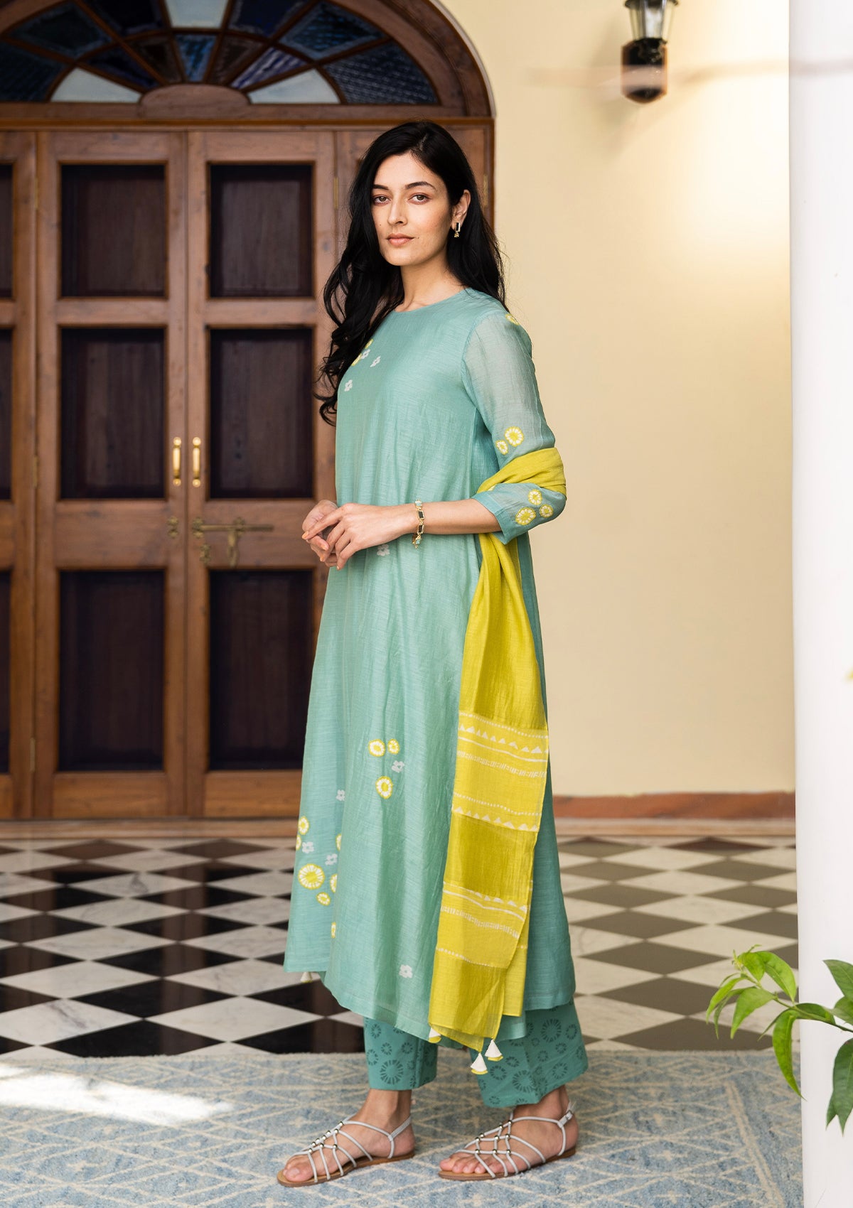 Aqua and Lime Applique Kurta Set