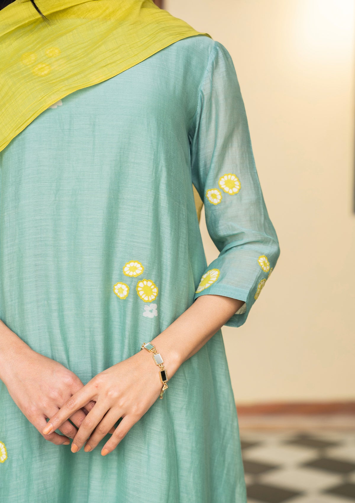 Aqua and Lime Applique Kurta Set