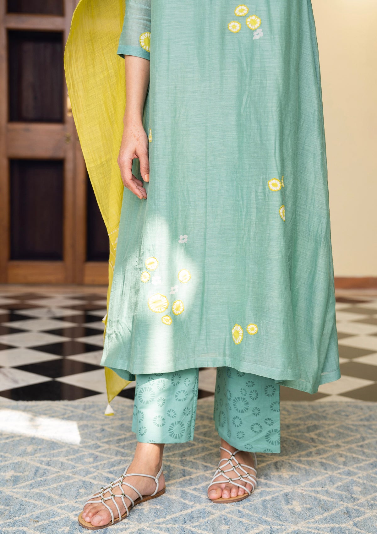 Aqua and Lime Applique Kurta Set