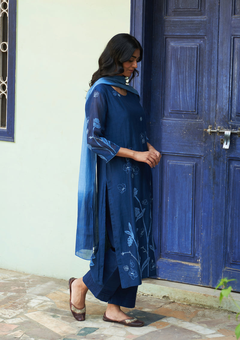 Indigo Floral Embroidered Kurta Set