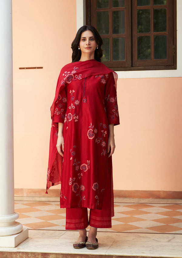 Crimson Floral Applique Kurta Set