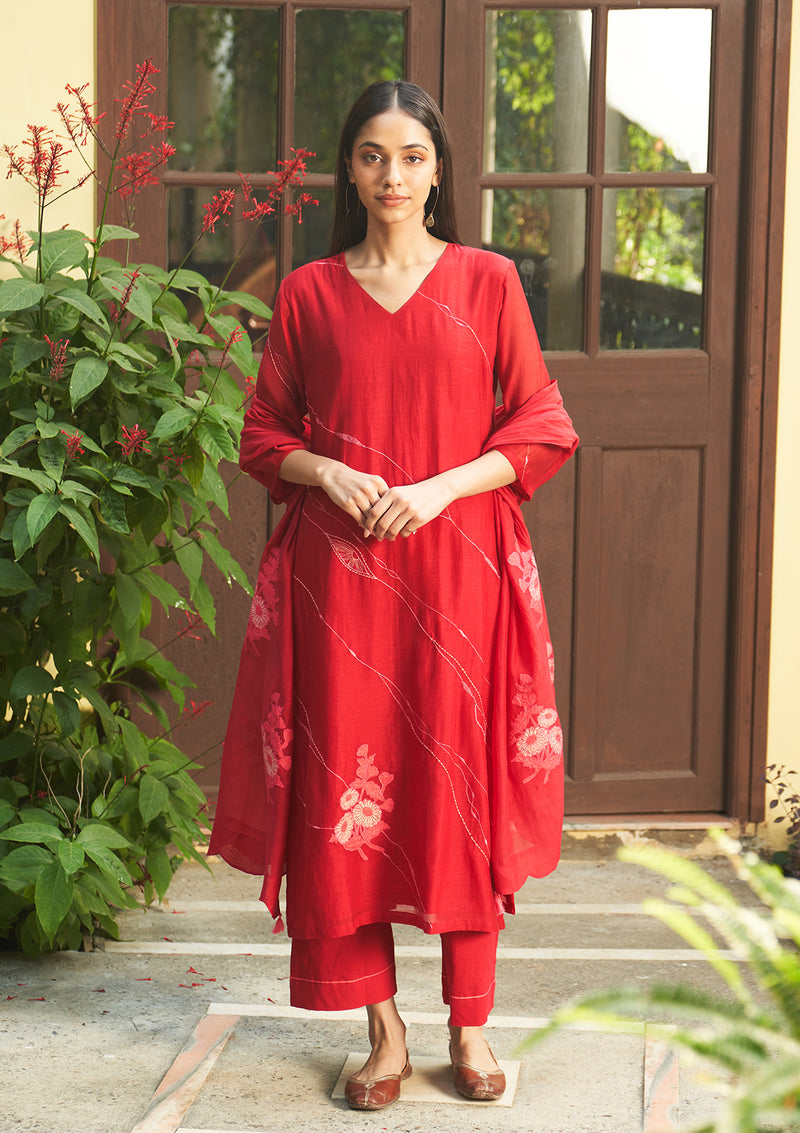 Crimson  Floral Kurta Set