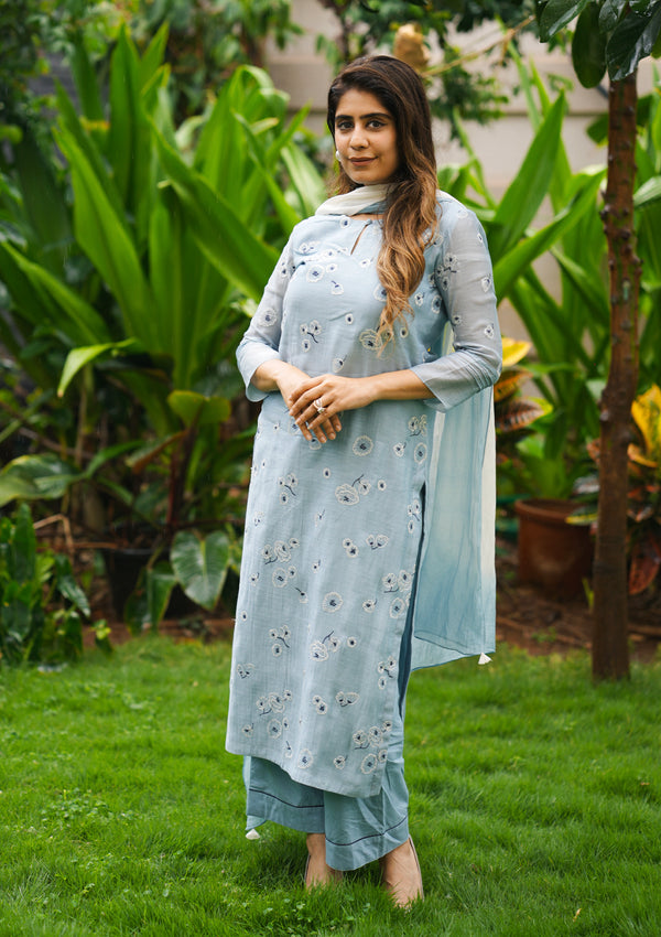 Sky Blue Kurta Set With Floral Thread Embroidery main image 1