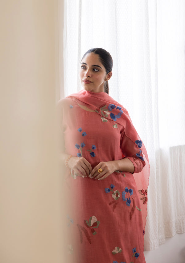 APRICOT FLORAL APPLIQUE KURTA SET