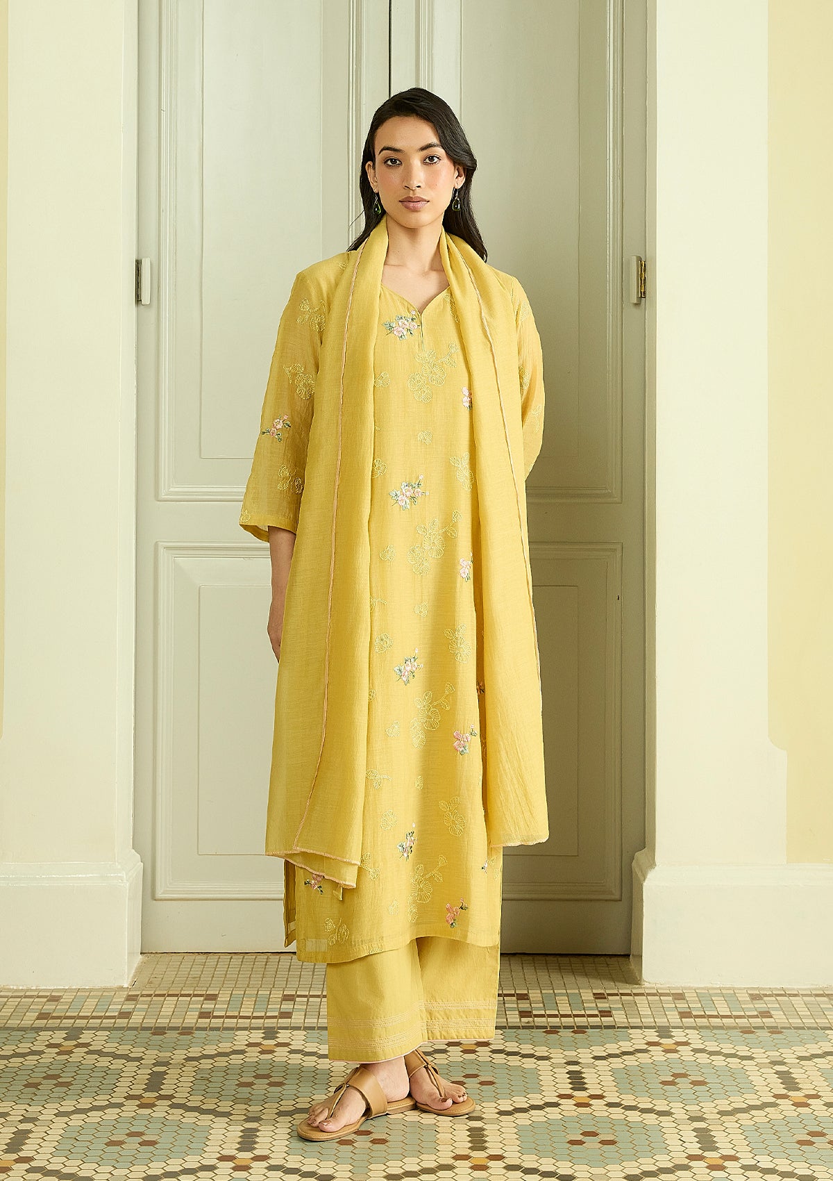 Lemon Thread Embroidered Kurta Set