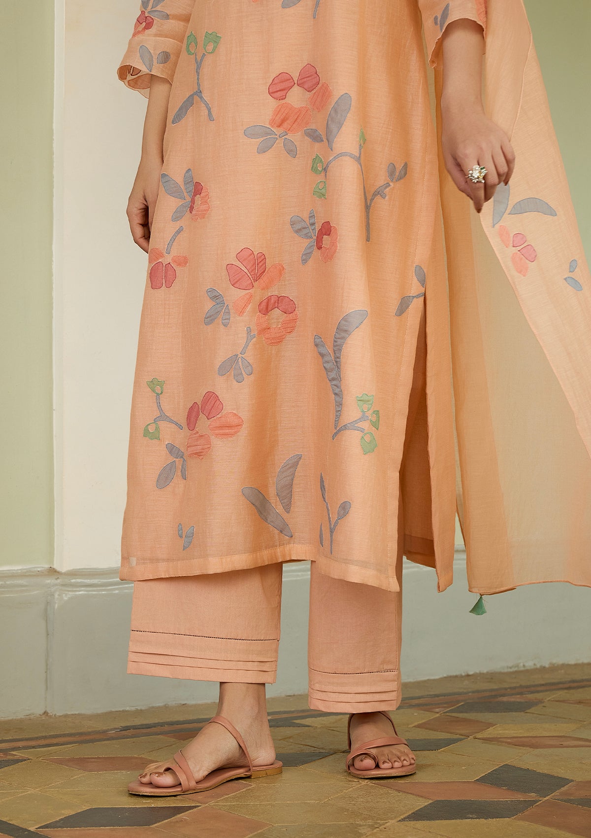 Peach Applique Floral Kurta Set