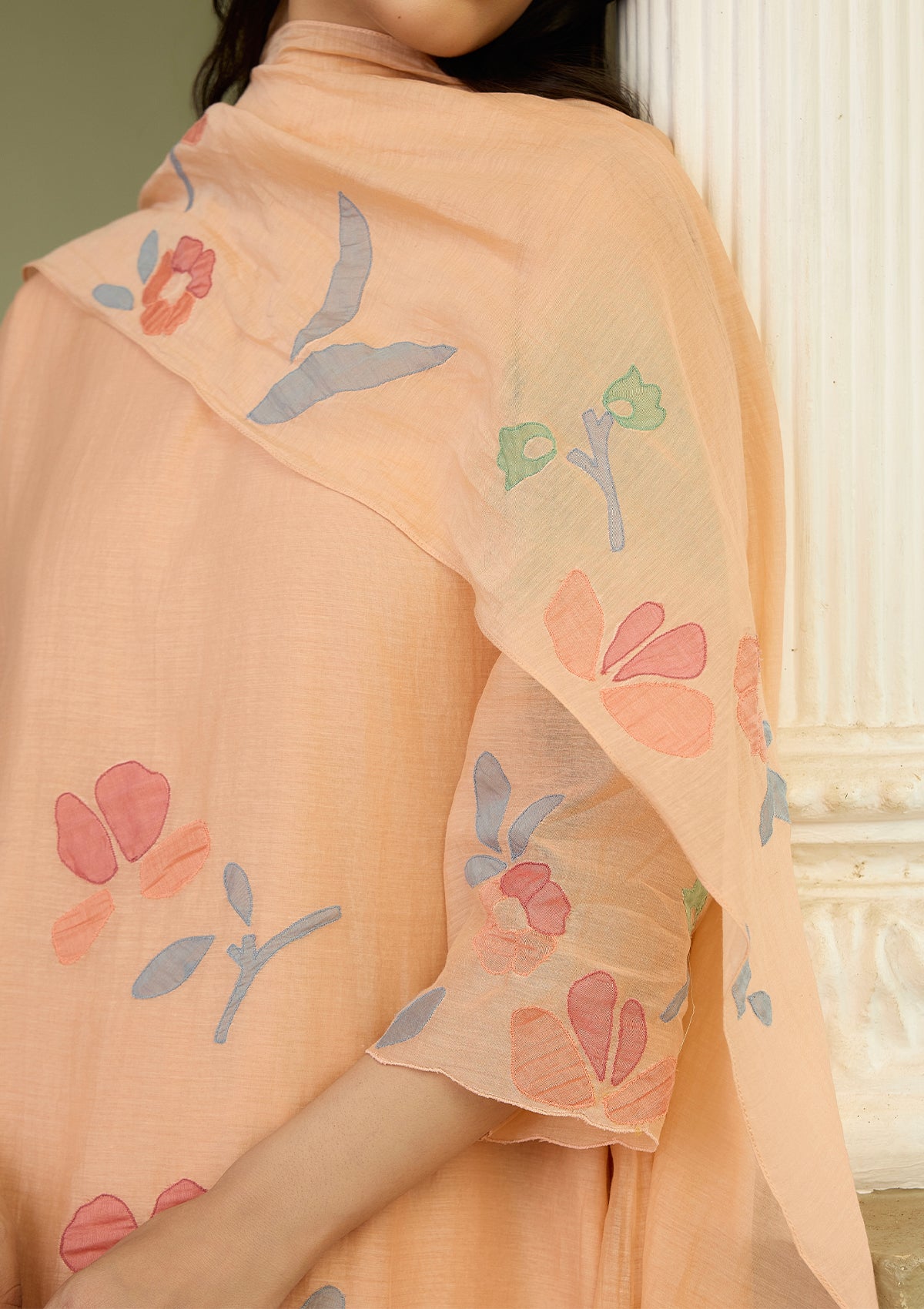 Peach Applique Floral Kurta Set