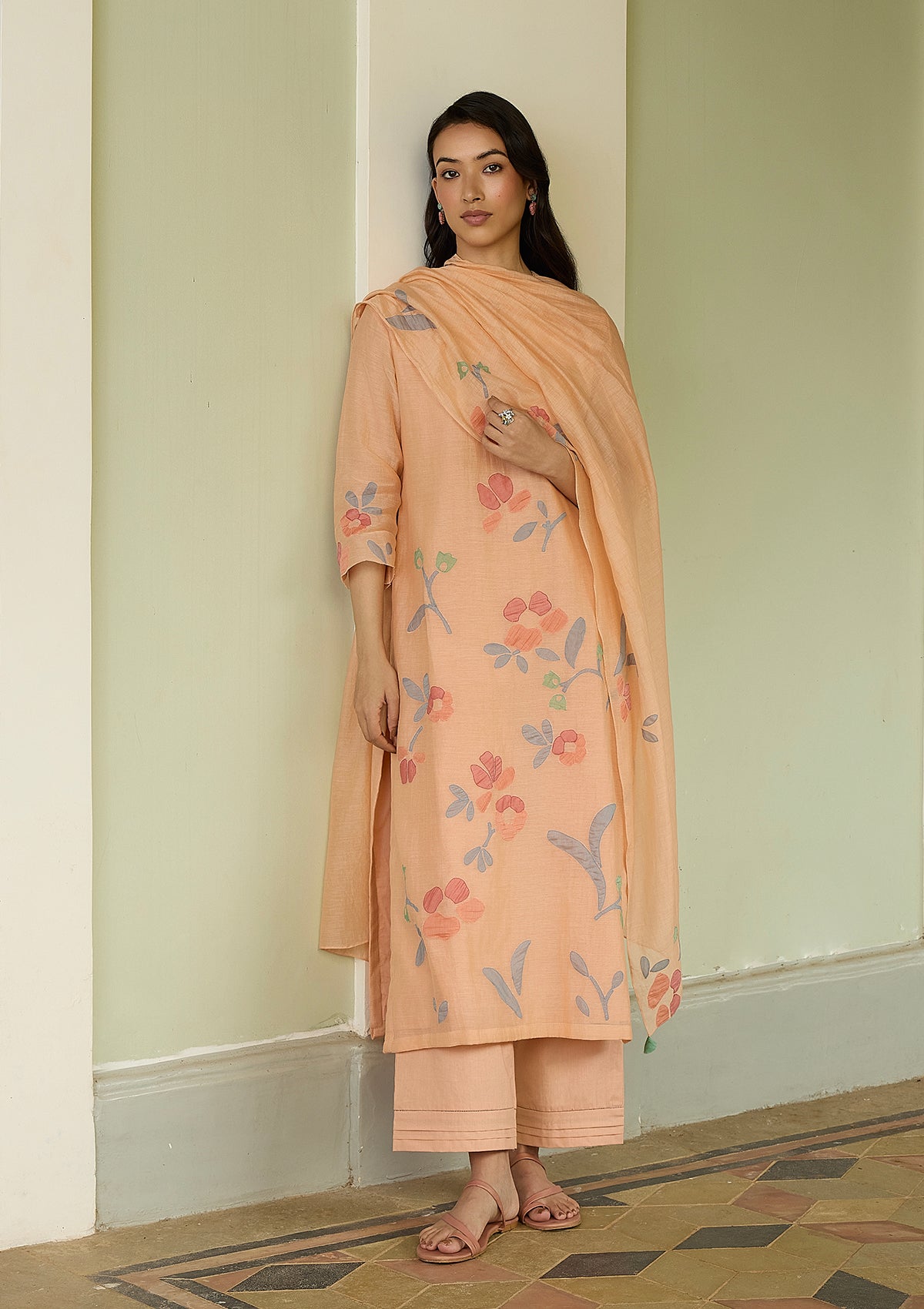 Peach Applique Floral Kurta Set
