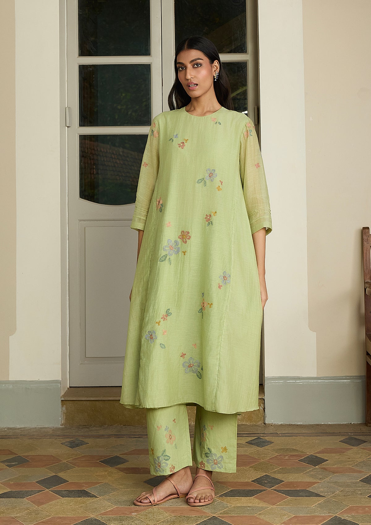 Lime Embroidered Floral Co-ord Set